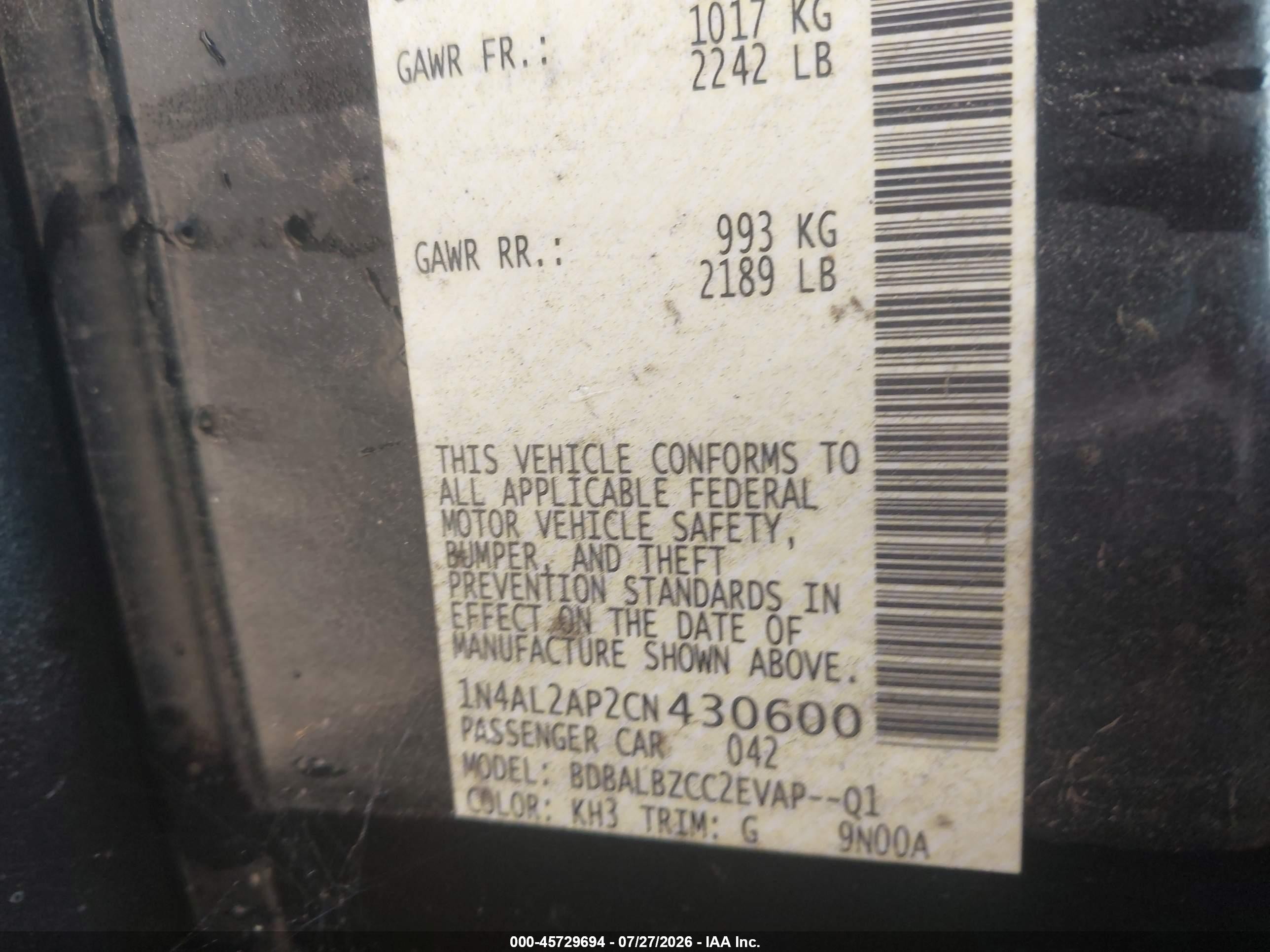 2012 Nissan Altima 2.5 S Black vin: 1N4AL2AP2CN430600