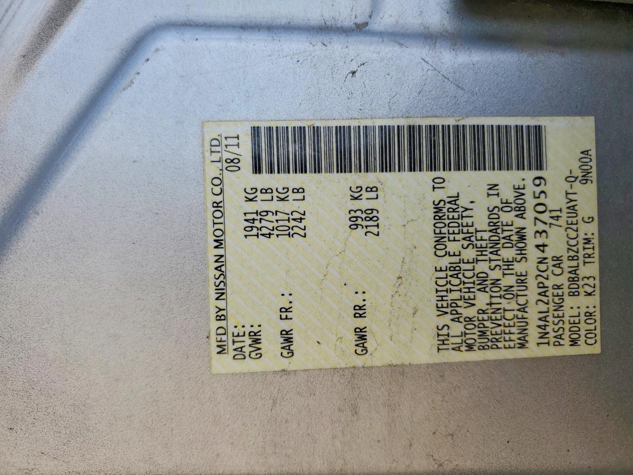 2012 Nissan Altima 2.5 Silver vin: 1N4AL2AP2CN437059