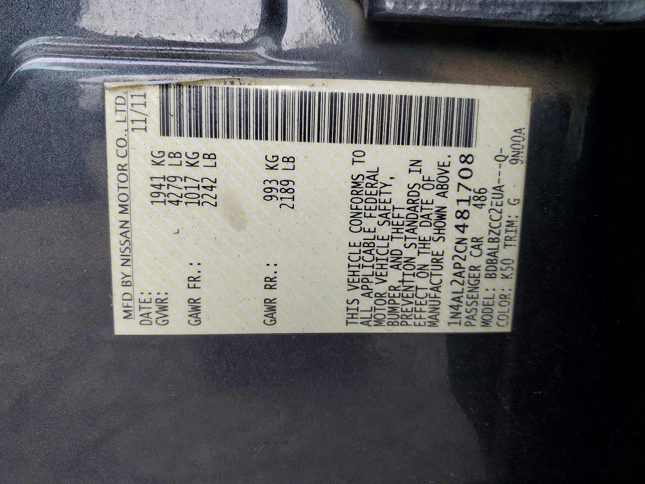 2012 Nissan Altima 2.5 Gray vin: 1N4AL2AP2CN481708