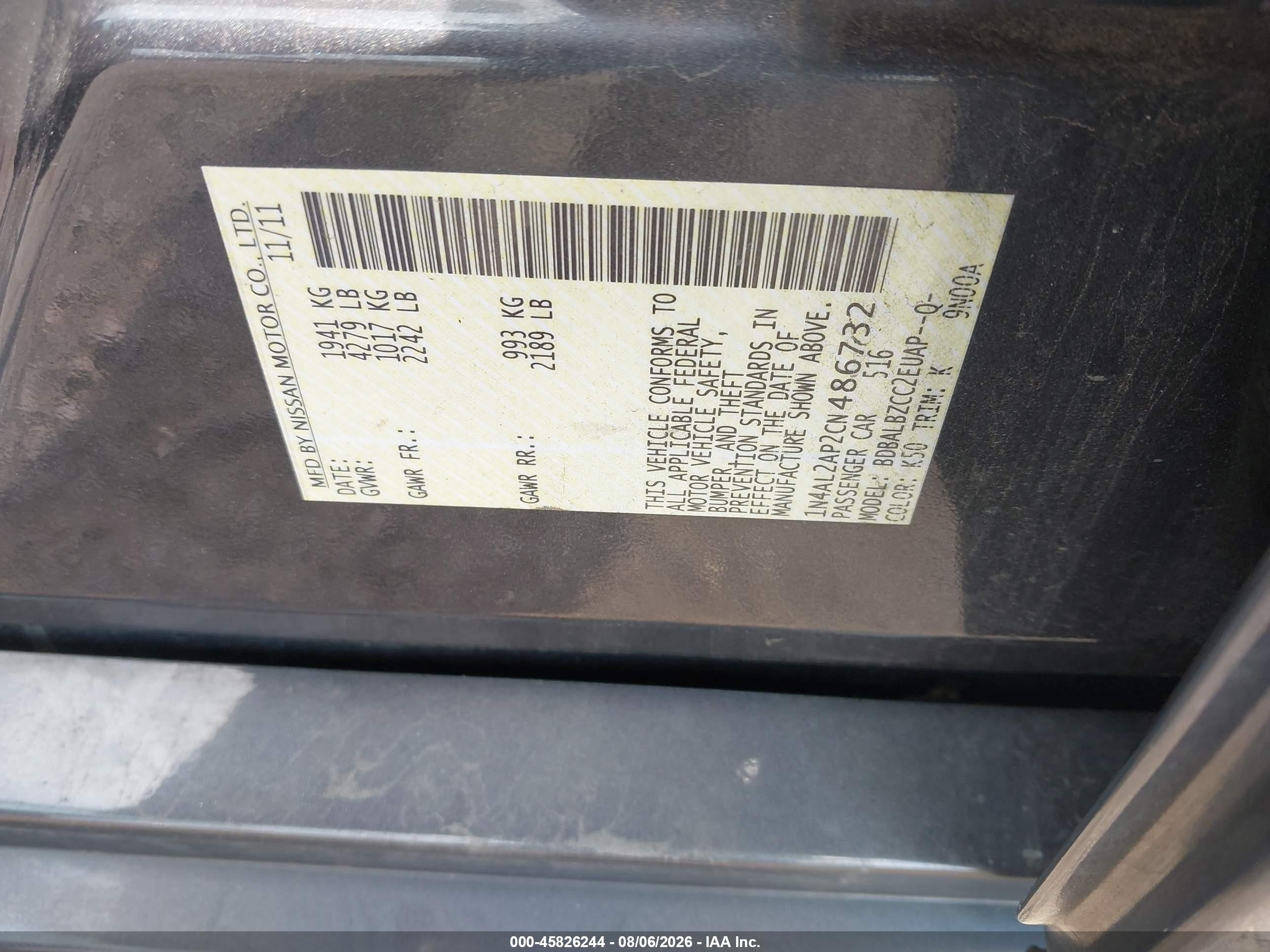 2012 Nissan Altima 2.5 S Черный vin: 1N4AL2AP2CN486732