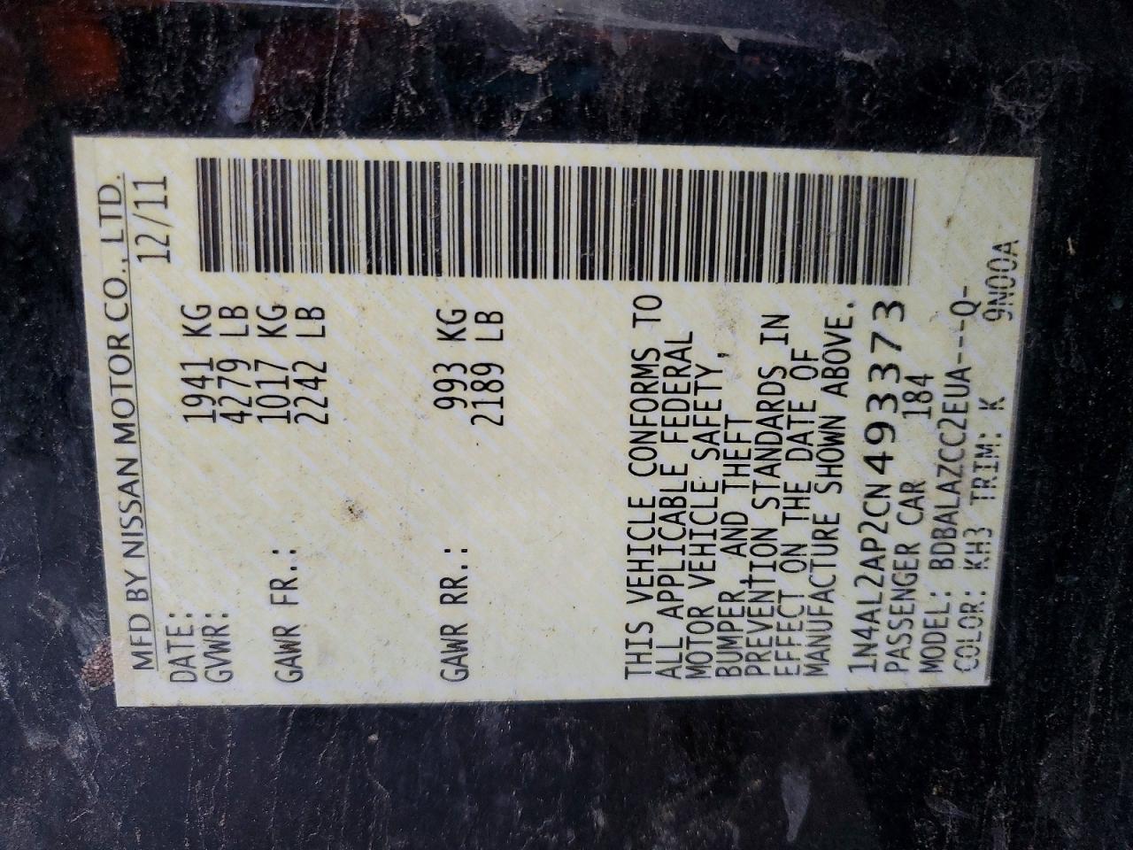 2012 Nissan Altima 2.5 Black vin: 1N4AL2AP2CN493373