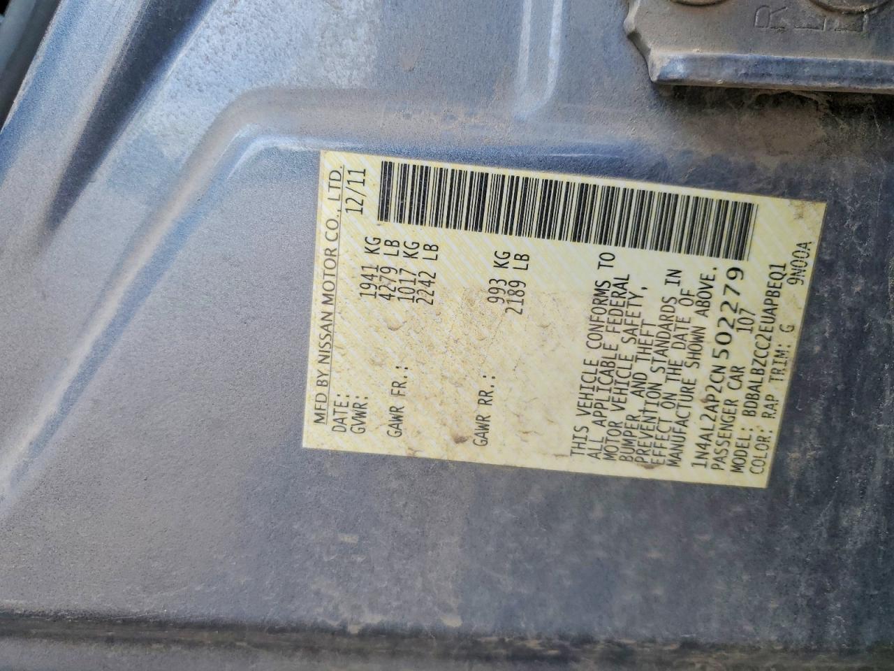 2012 Nissan Altima Blue vin: 1N4AL2AP2CN502279