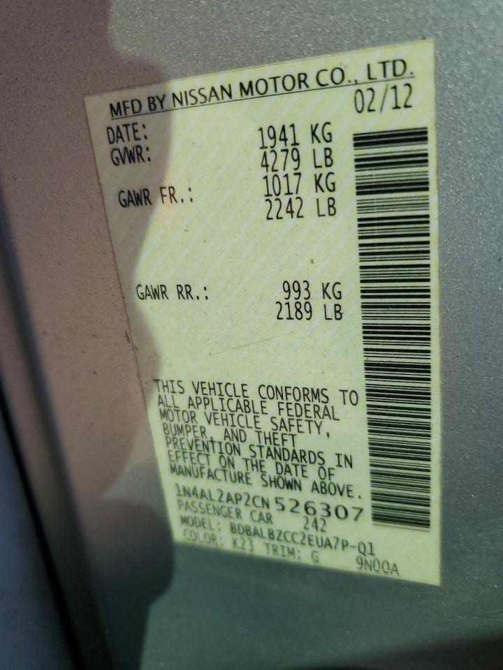 2012 Nissan Altima Base/s Silver vin: 1N4AL2AP2CN526307
