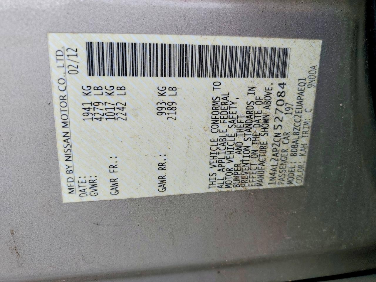 2012 Nissan Altima Base/s Brown vin: 1N4AL2AP2CN527084