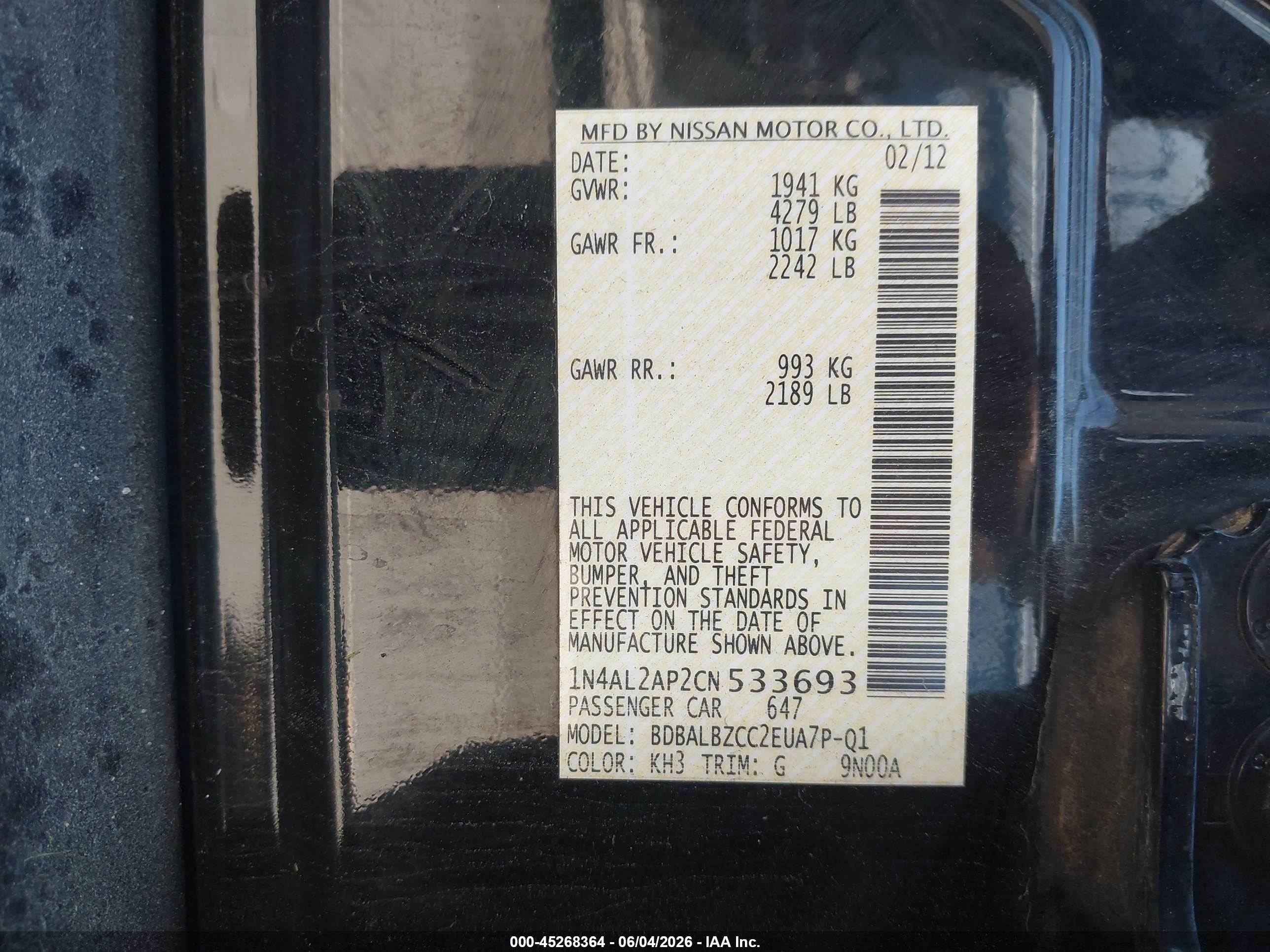 2012 Nissan Altima 2.5 S Black vin: 1N4AL2AP2CN533693