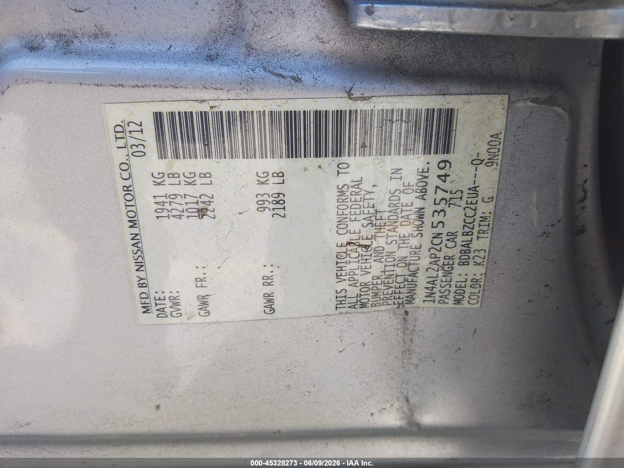 2012 Nissan Altima 2.5 S Gray vin: 1N4AL2AP2CN535749