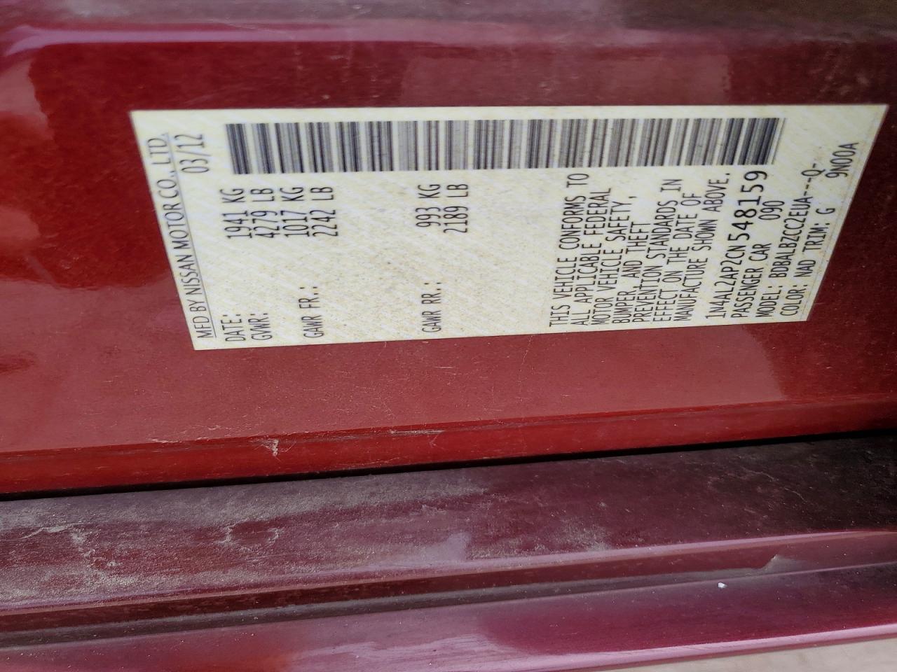 2012 Nissan Altima 2.5 Burgundy vin: 1N4AL2AP2CN548159