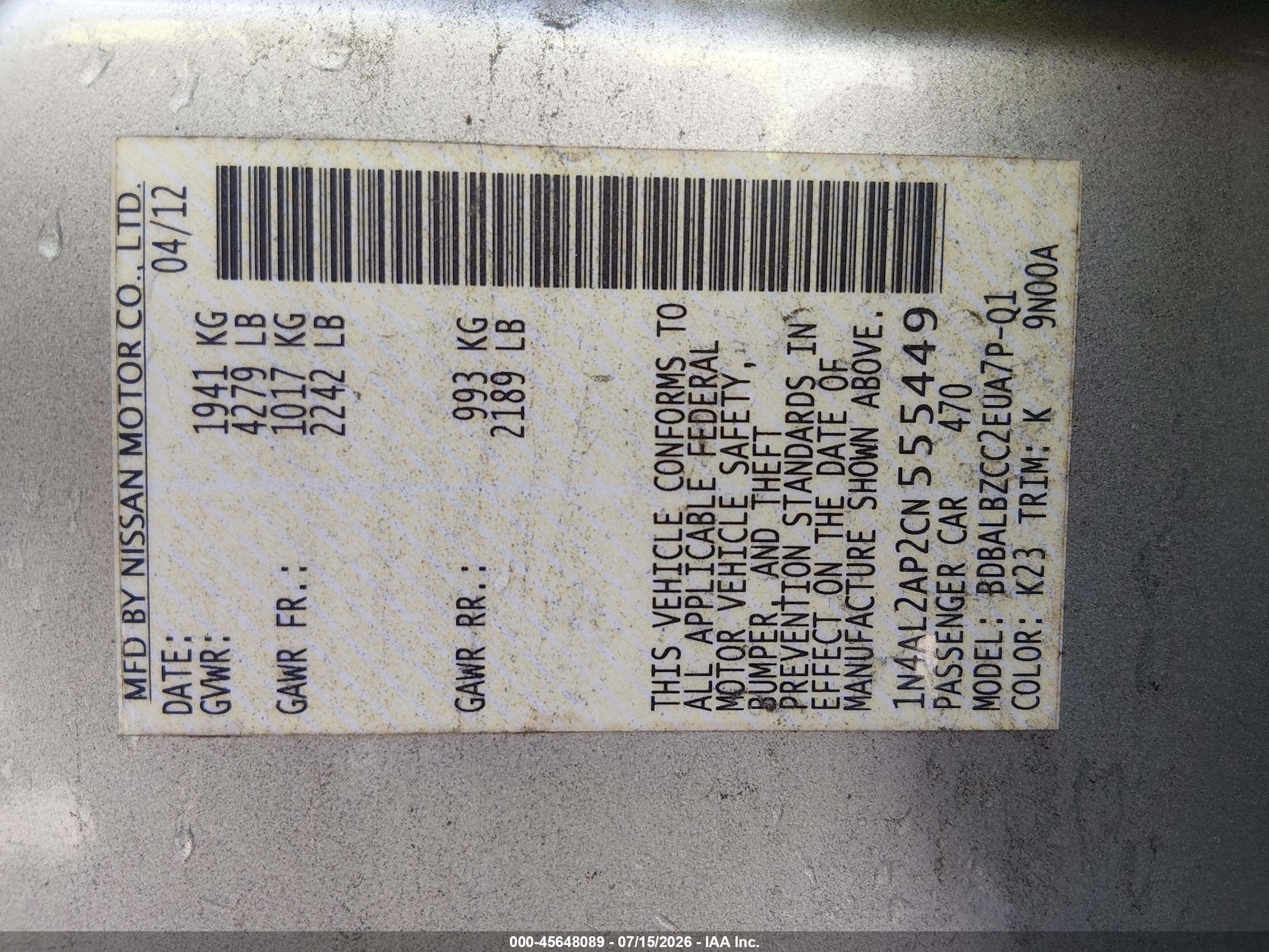 2012 Nissan Altima 2.5 S Gray vin: 1N4AL2AP2CN555449