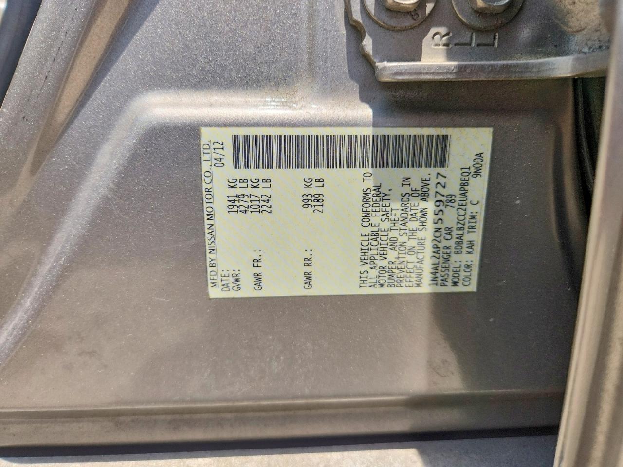 2012 Nissan Altima 2.5 Gray vin: 1N4AL2AP2CN559727