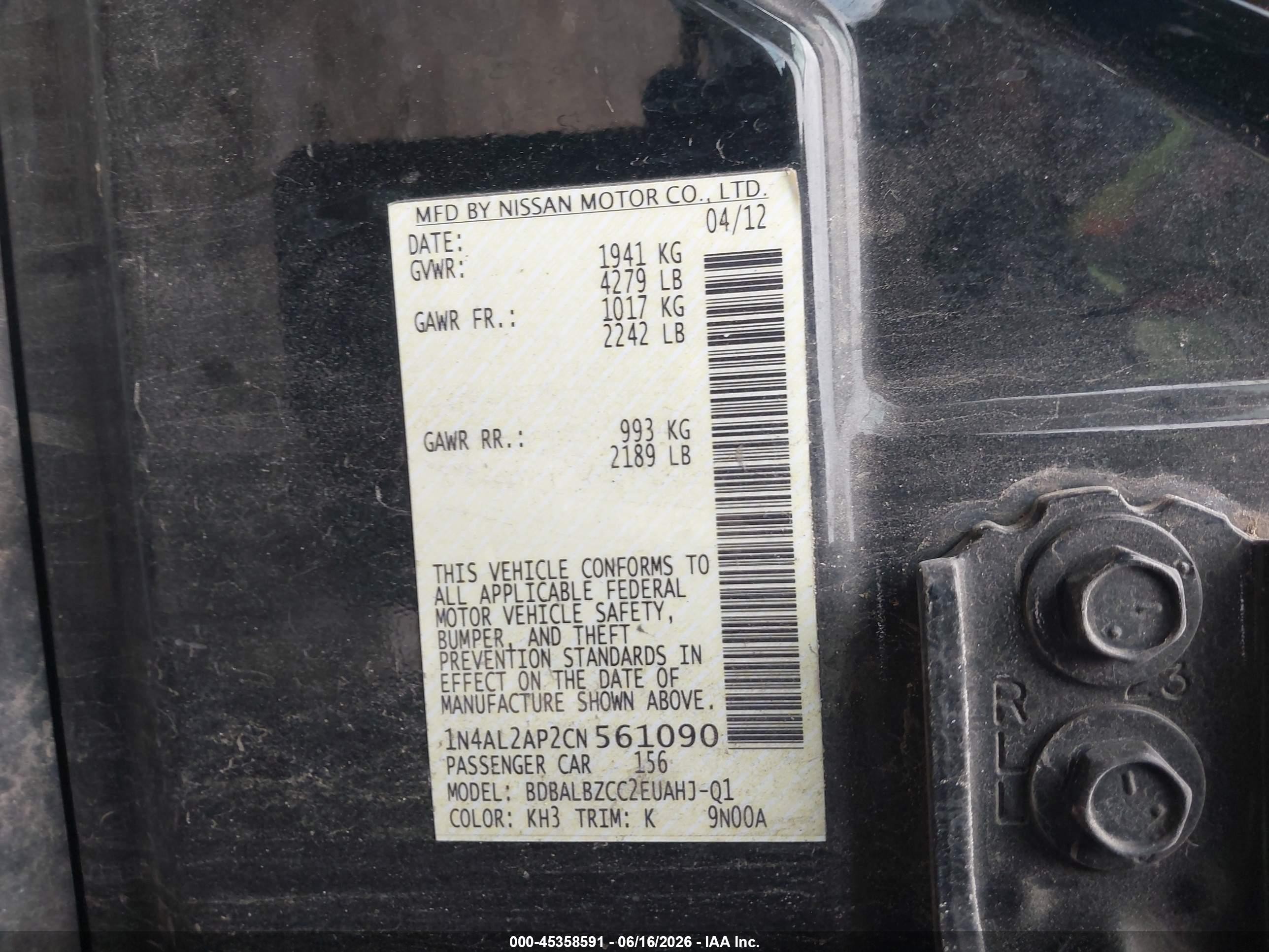 2012 Nissan Altima 2.5 S Black vin: 1N4AL2AP2CN561090