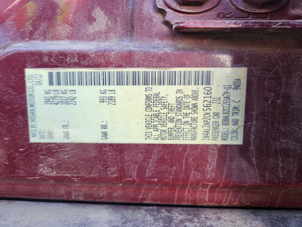 2012 Nissan Altima 2.5 Burgundy vin: 1N4AL2AP2CN562160