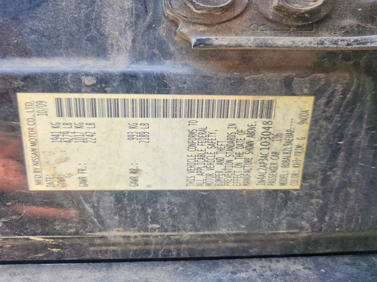 2010 Nissan Altima Black vin: 1N4AL2AP3AC103048