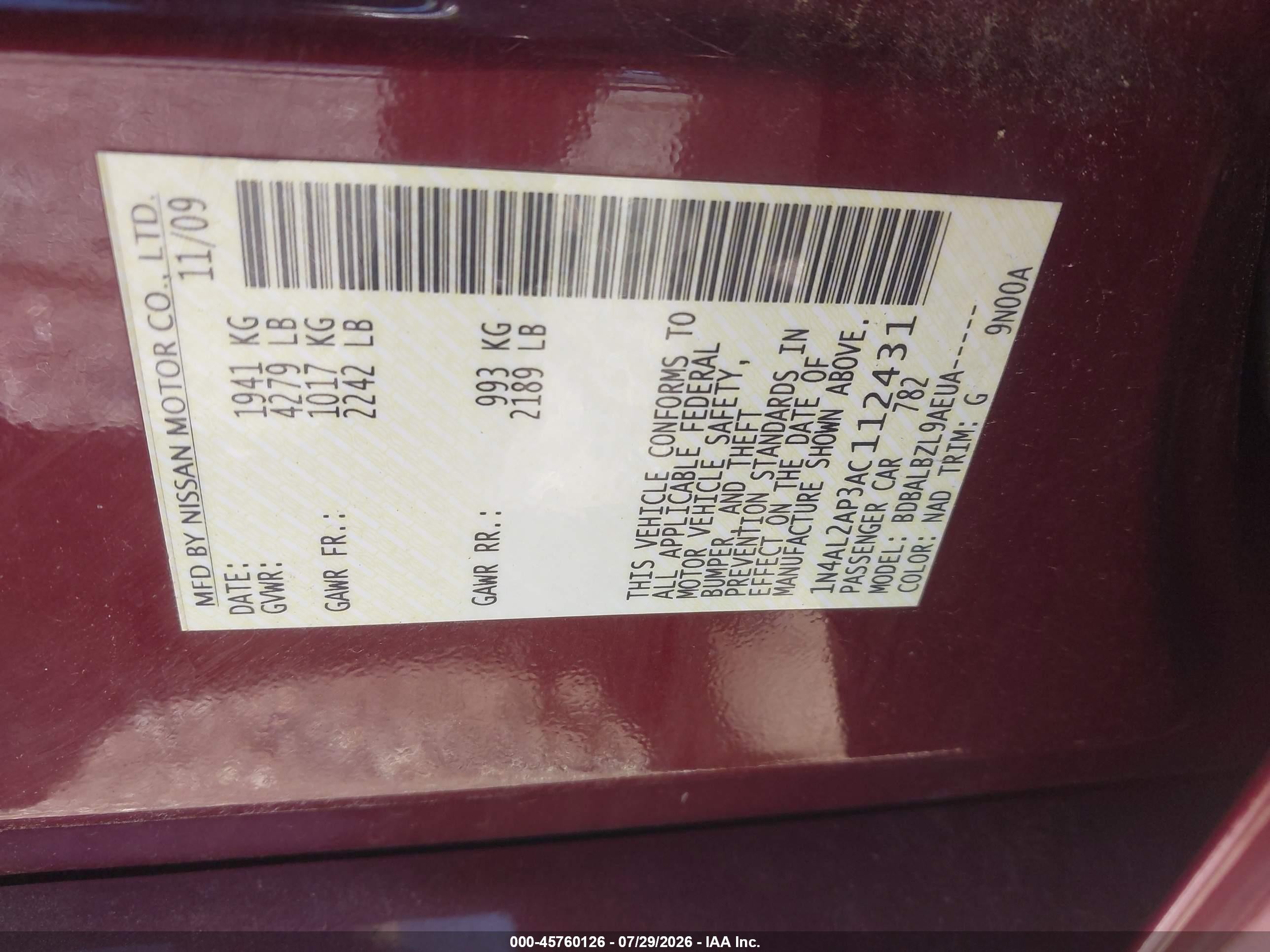 2010 Nissan Altima 2.5 S Red vin: 1N4AL2AP3AC112431