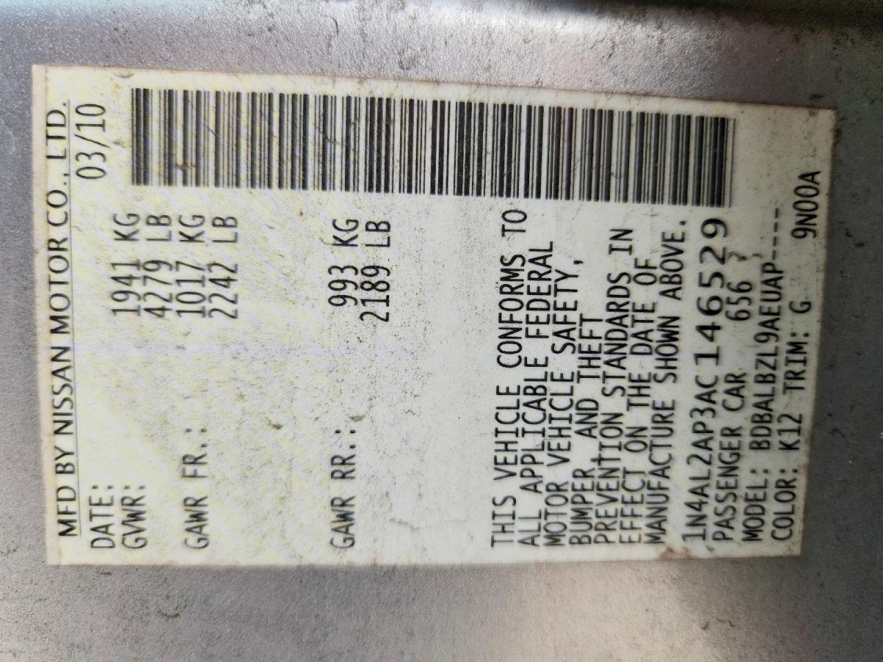 2010 Nissan Altima 2.5 Silver vin: 1N4AL2AP3AC146529