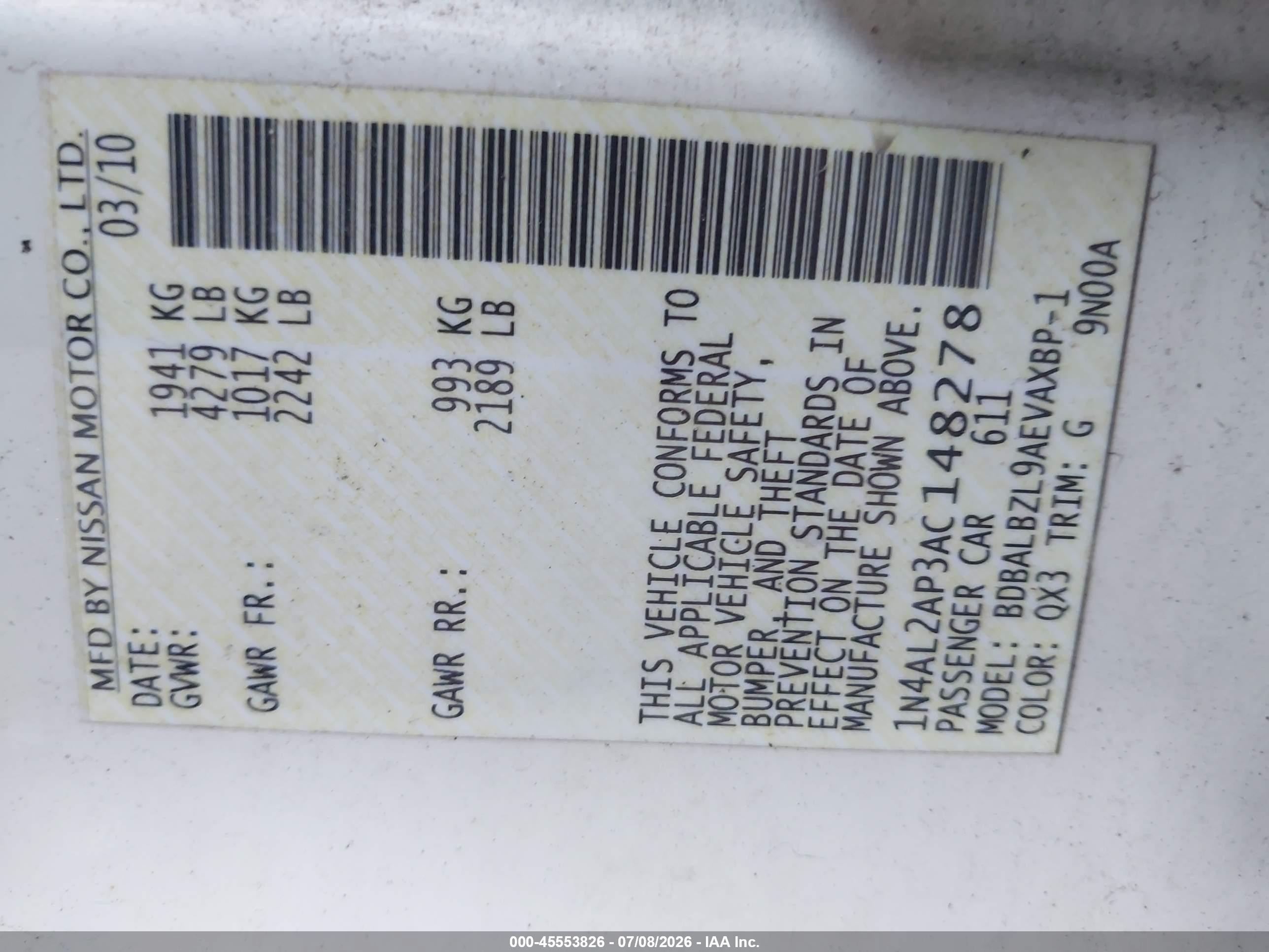 2010 Nissan Altima 2.5 S White vin: 1N4AL2AP3AC148278