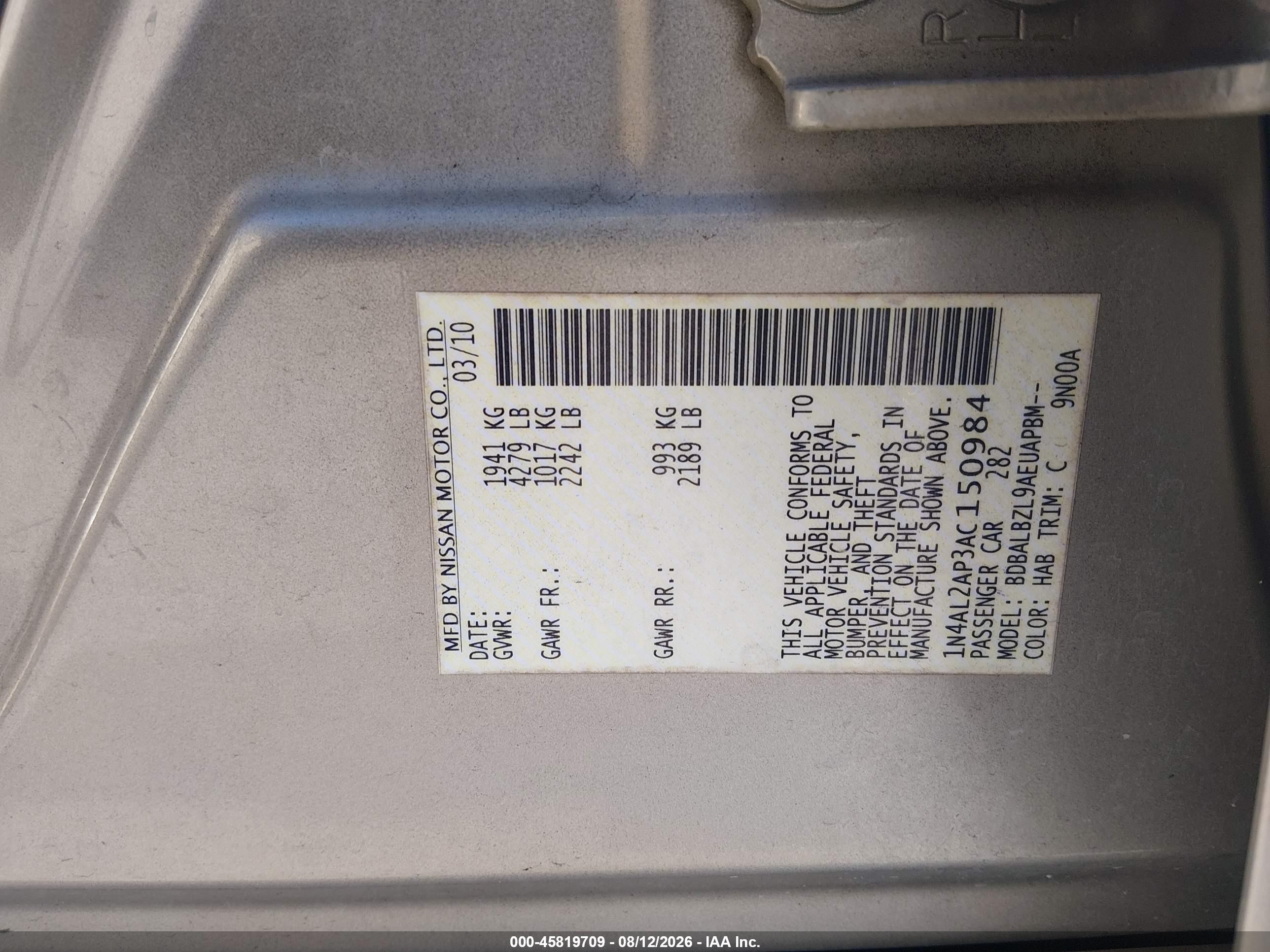 2010 Nissan Altima 2.5 S Gold vin: 1N4AL2AP3AC150984