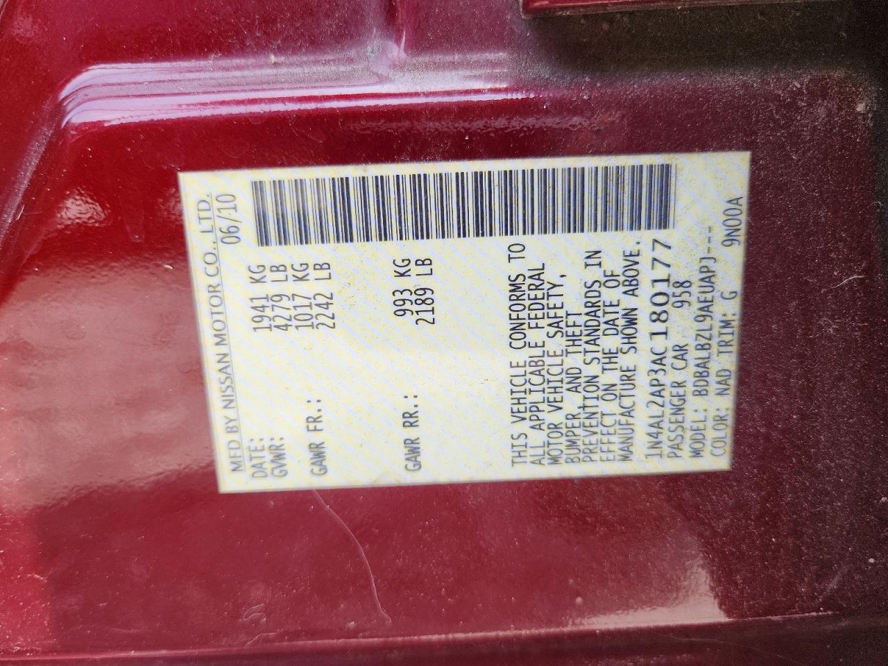 2010 Nissan Altima 2.5 Maroon vin: 1N4AL2AP3AC180177