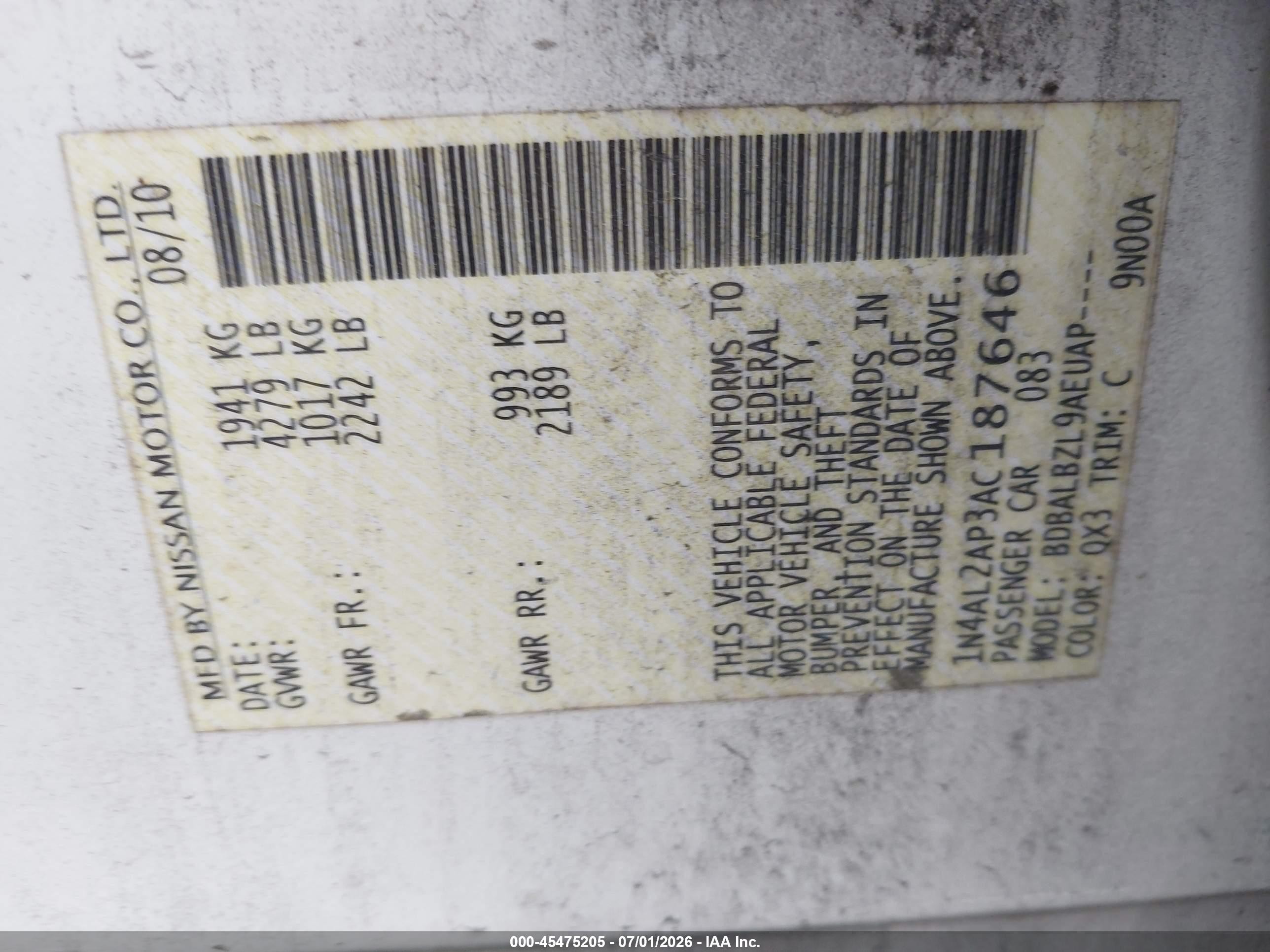 2010 Nissan Altima 2.5 S White vin: 1N4AL2AP3AC187646