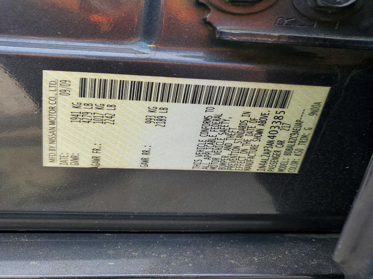 2010 Nissan Altima Charcoal vin: 1N4AL2AP3AN403385