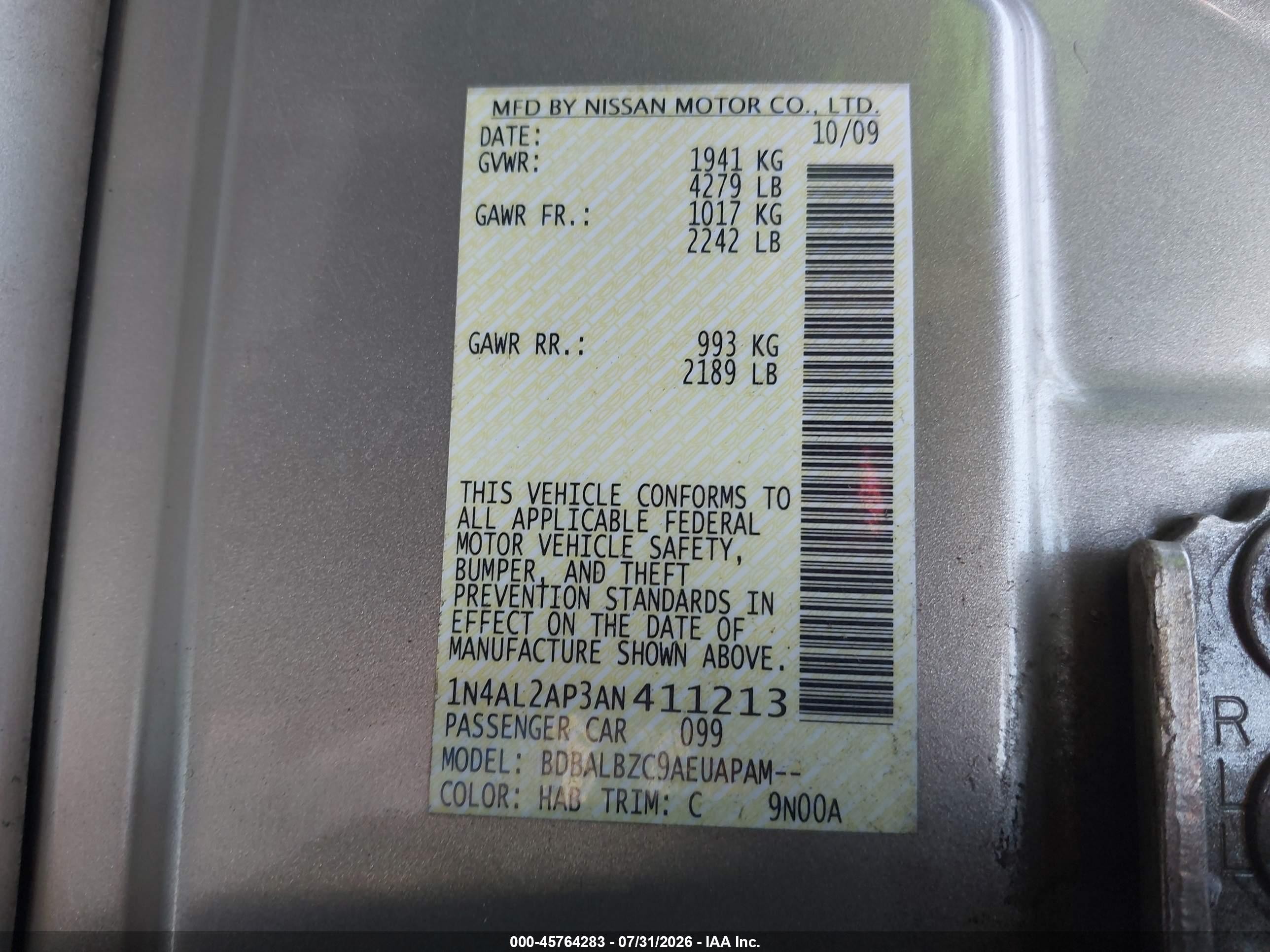 2010 Nissan Altima 2.5 S Beige vin: 1N4AL2AP3AN411213