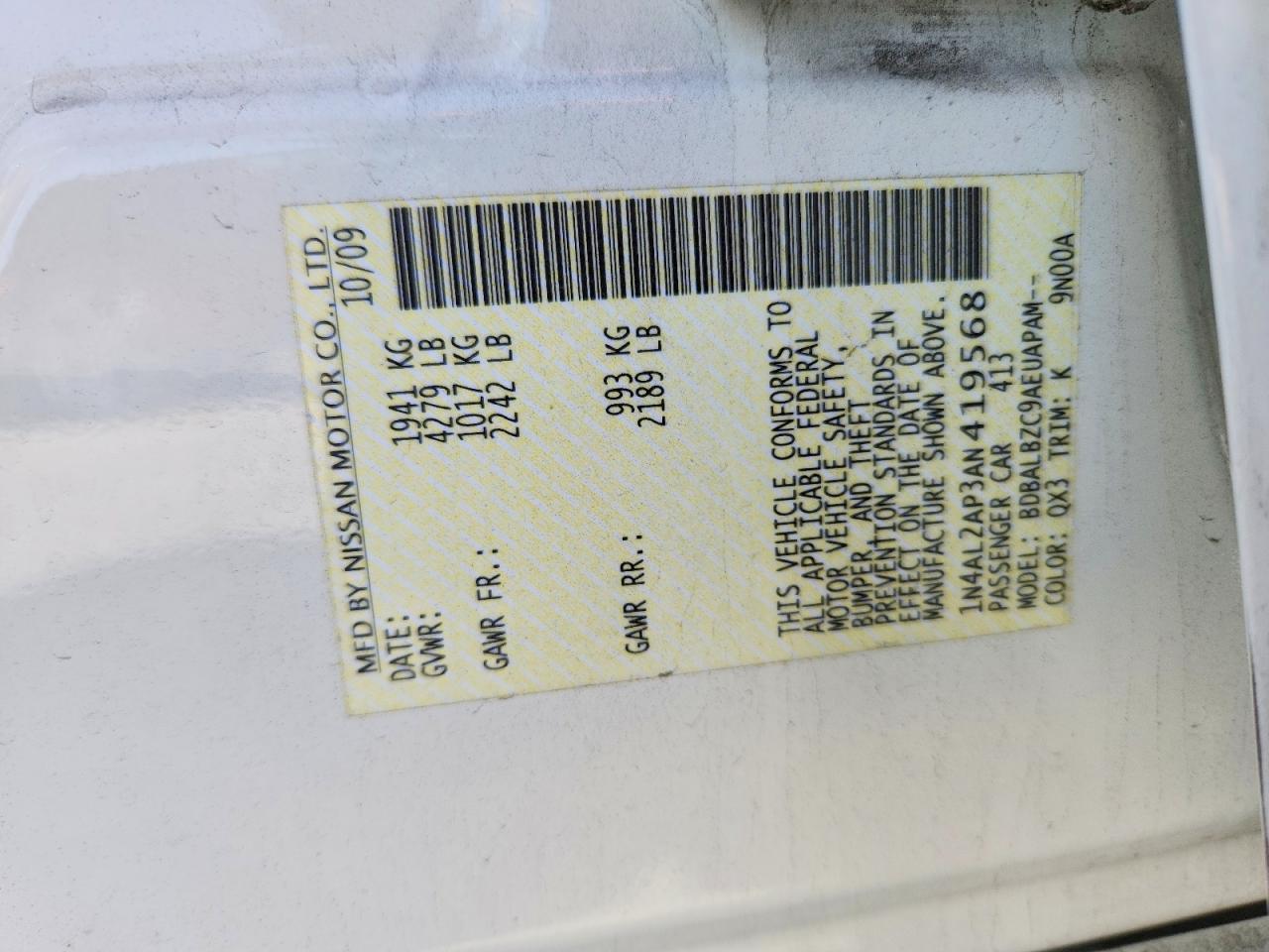2010 Nissan Altima 2.5 White vin: 1N4AL2AP3AN419568