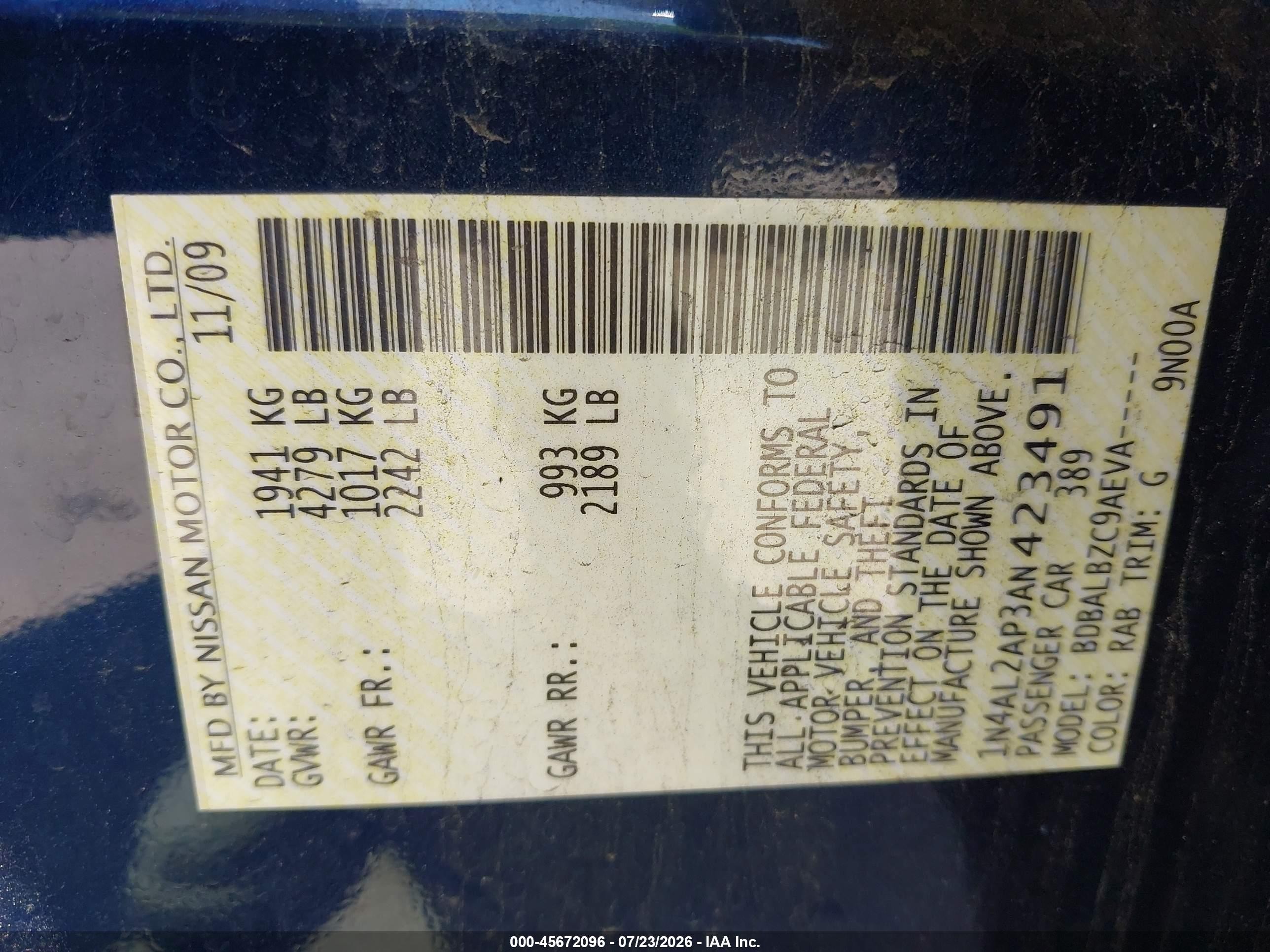 2010 Nissan Altima 2.5 S Blue vin: 1N4AL2AP3AN423491