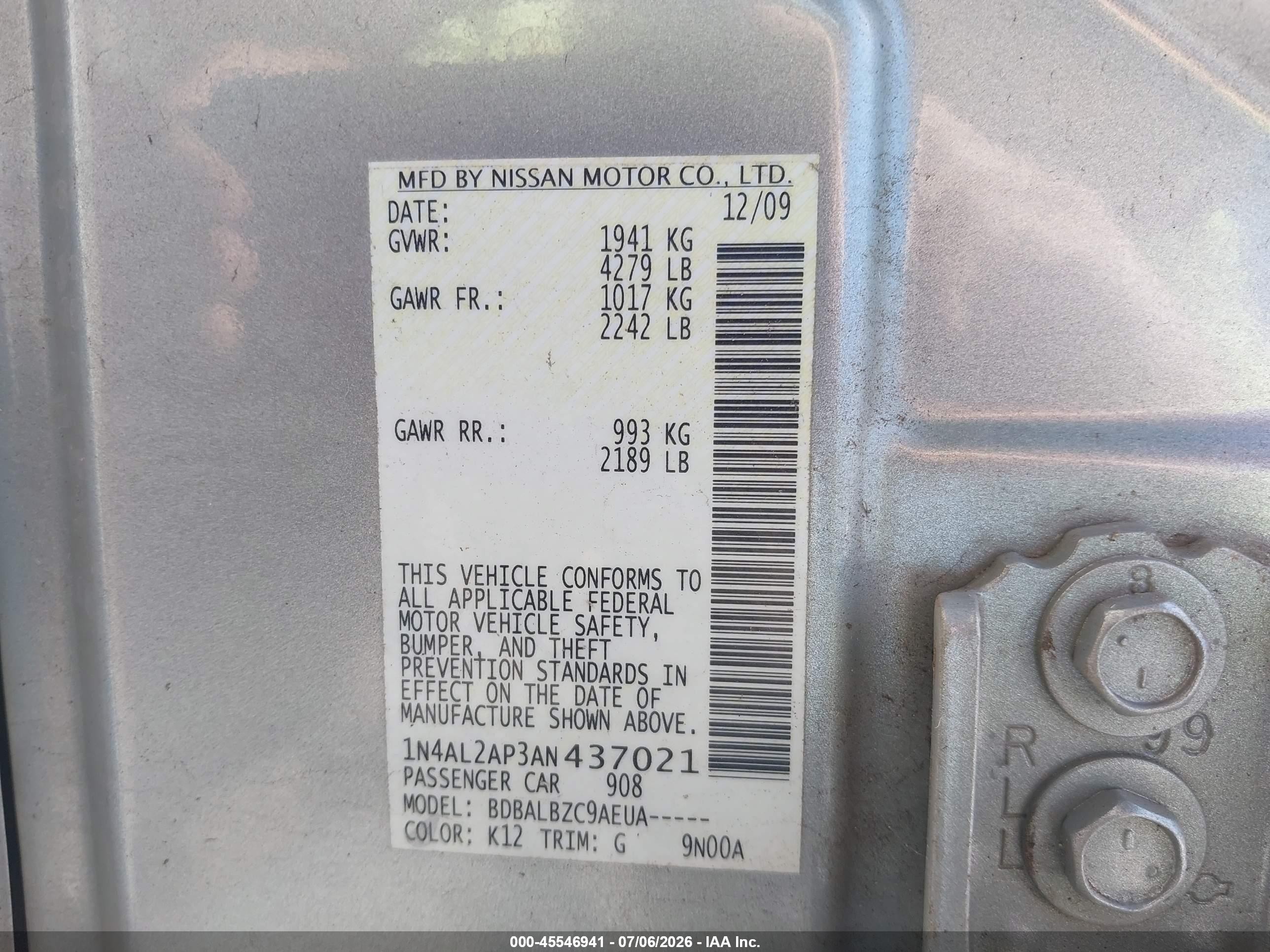 2010 Nissan Altima 2.5 S Silver vin: 1N4AL2AP3AN437021