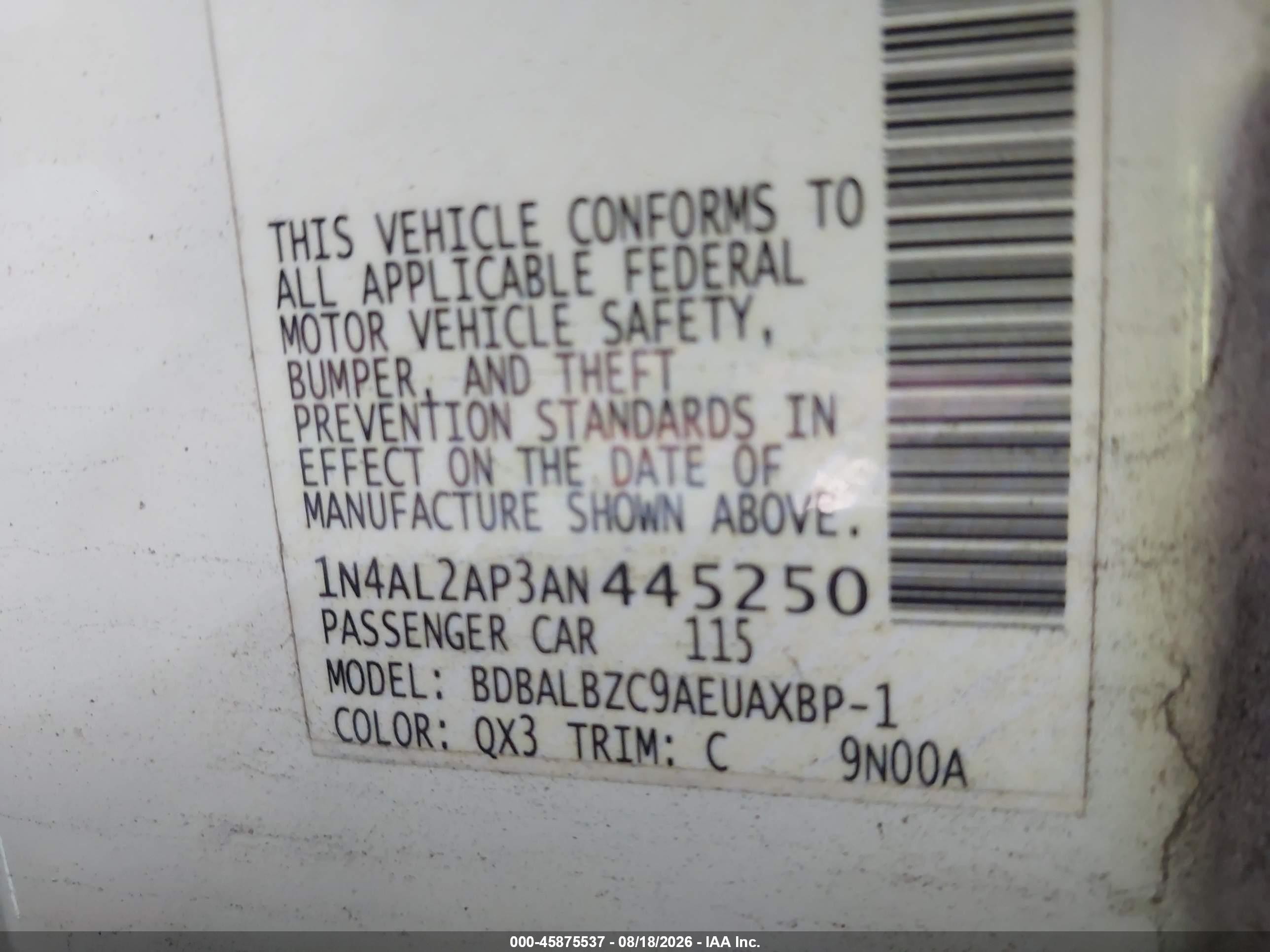 2010 Nissan Altima 2.5 S White vin: 1N4AL2AP3AN445250
