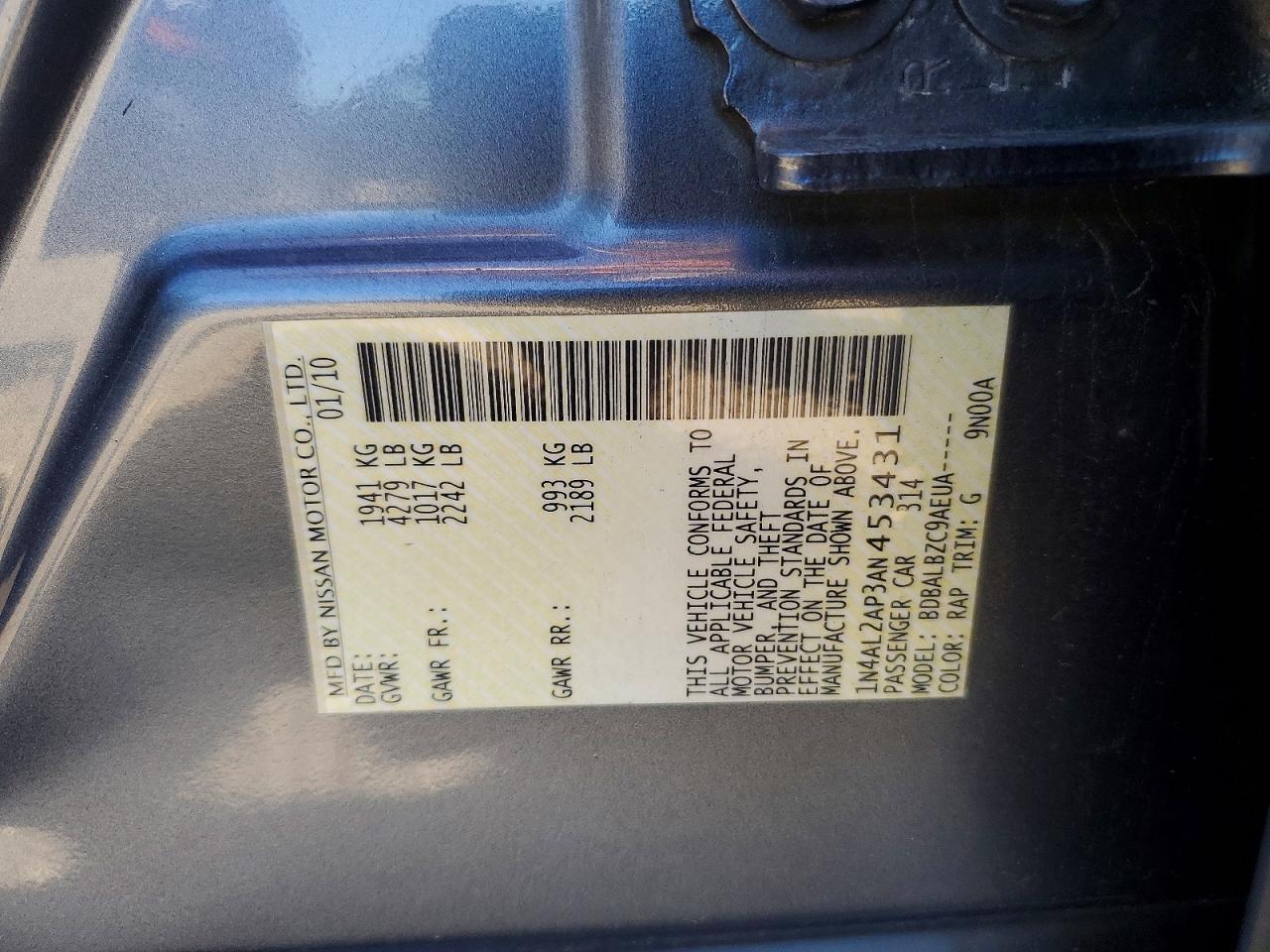 2010 Nissan Altima Base/s Gray vin: 1N4AL2AP3AN453431