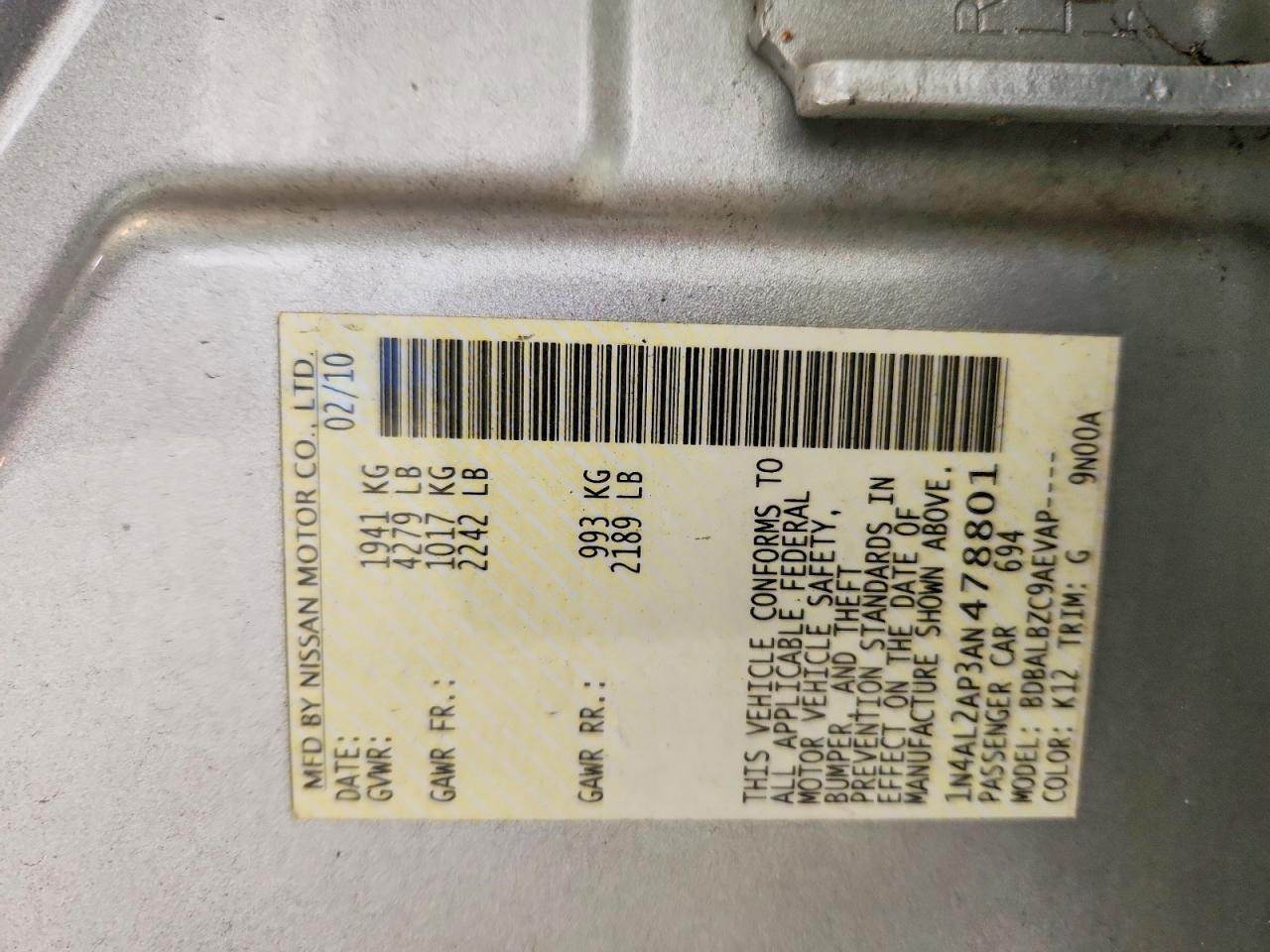 2010 Nissan Altima 2.5 Silver vin: 1N4AL2AP3AN478801