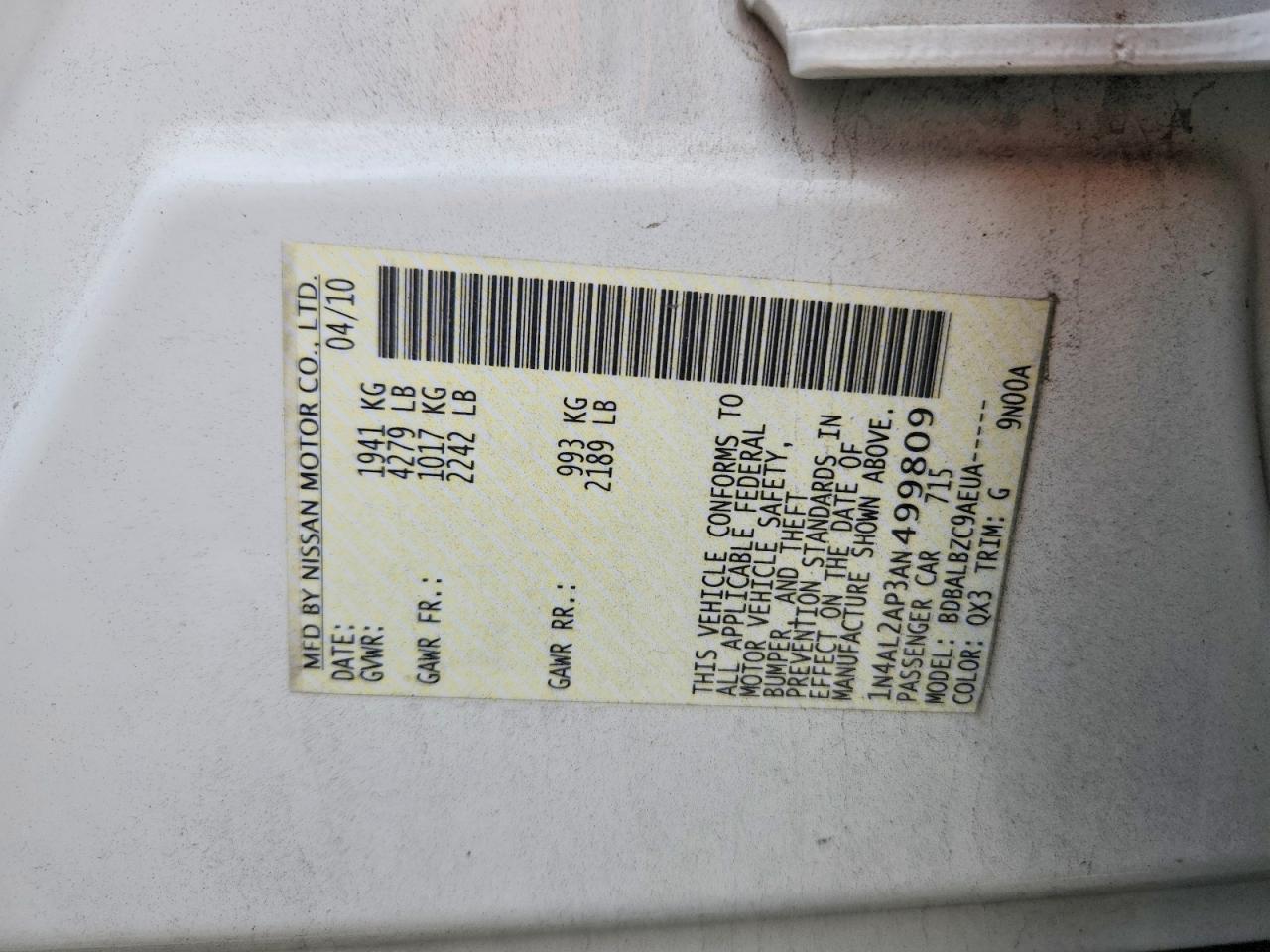 2010 Nissan Altima 2.5 White vin: 1N4AL2AP3AN499809