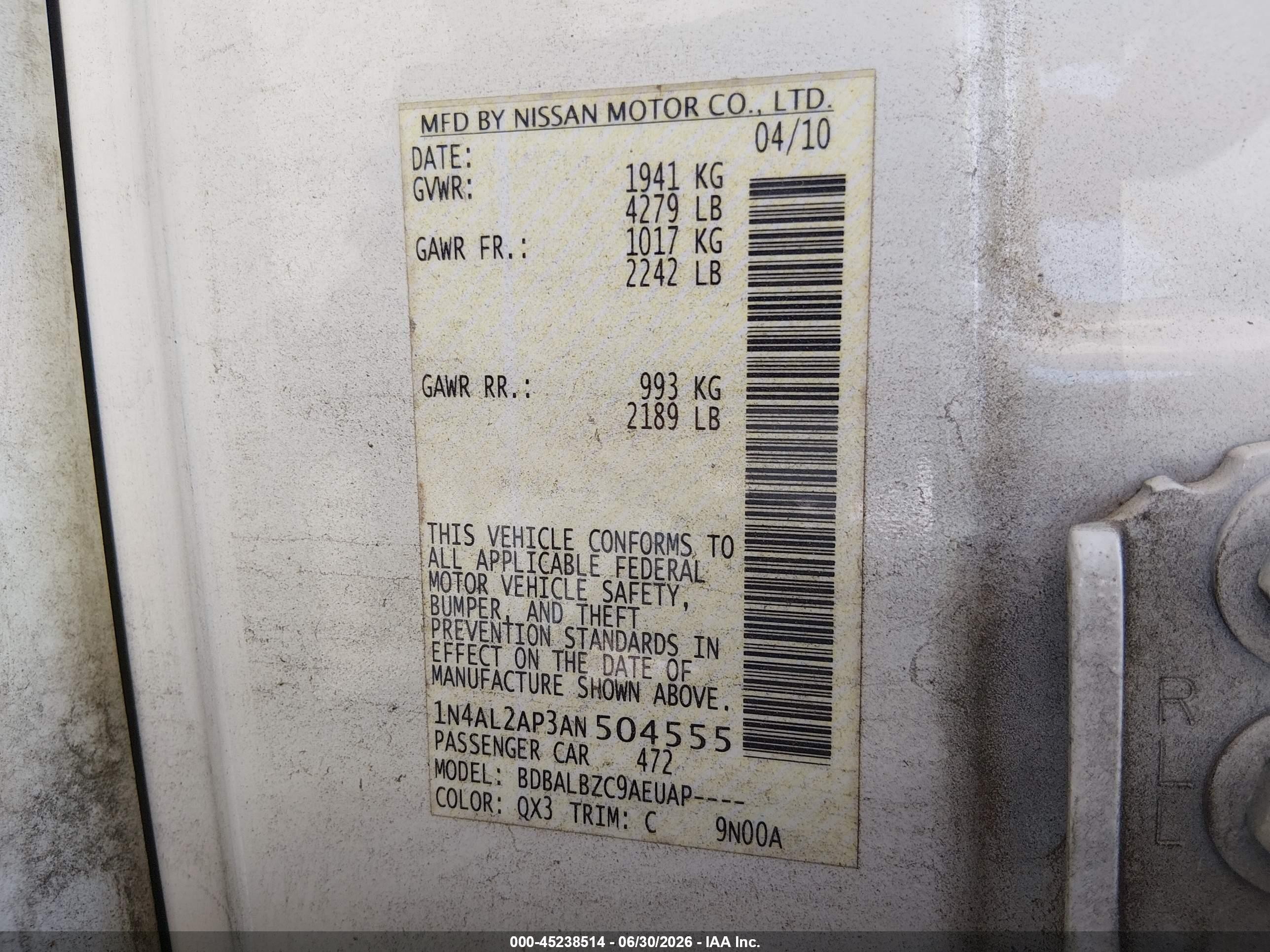 2010 Nissan Altima 2.5 S White vin: 1N4AL2AP3AN504555