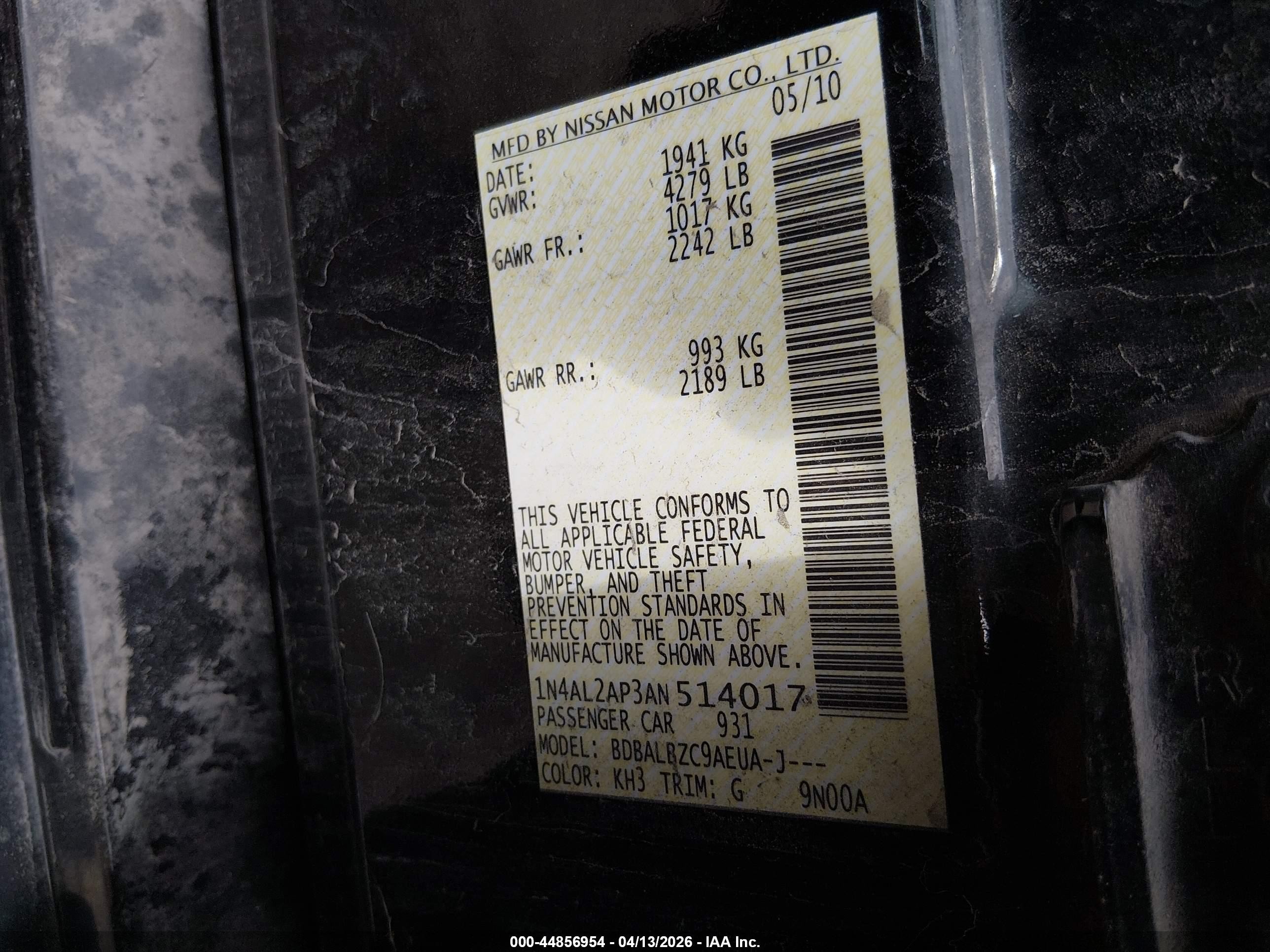 2010 Nissan Altima 2.5 S Черный vin: 1N4AL2AP3AN514017