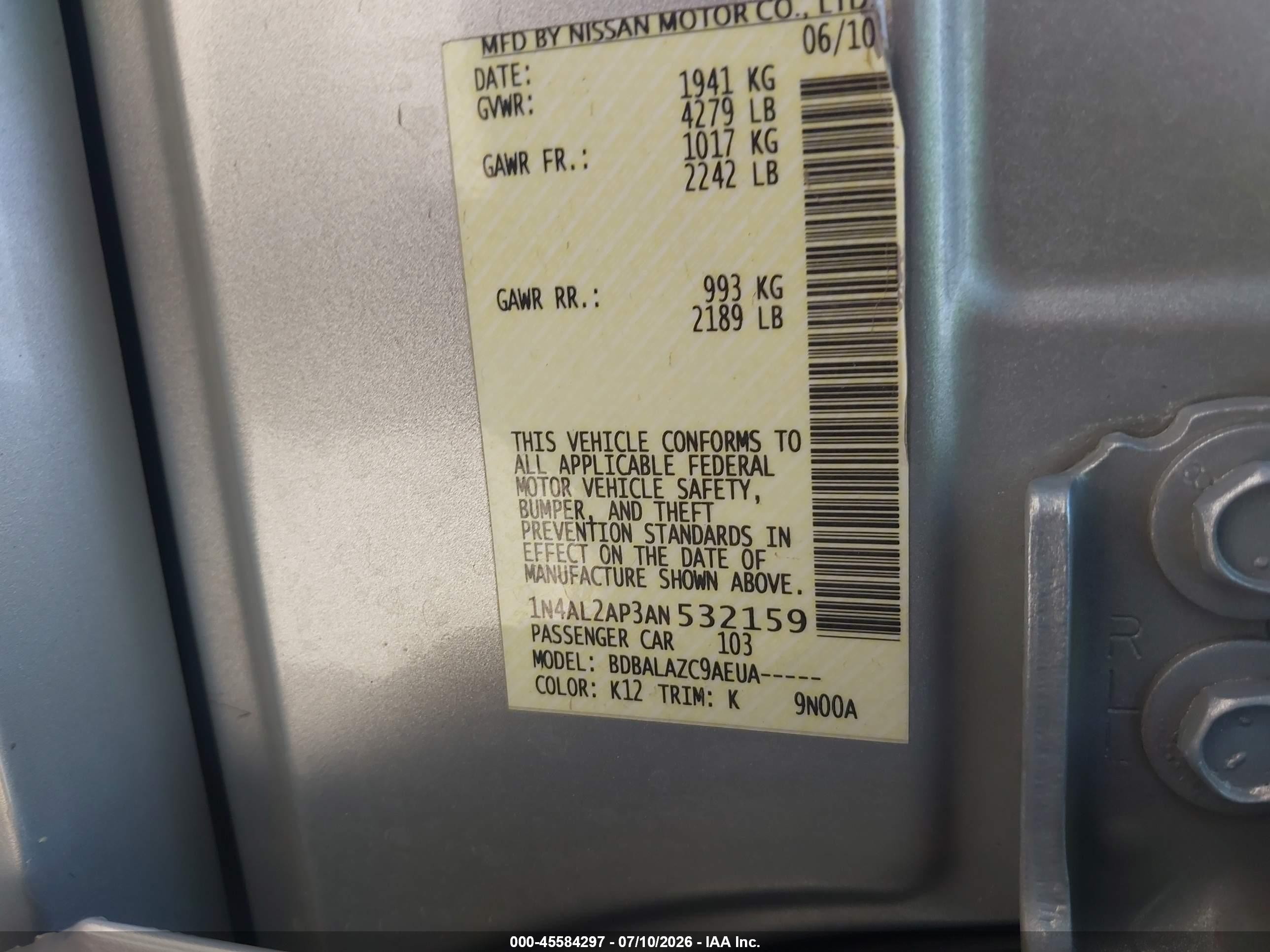 2010 Nissan Altima 2.5 Silver vin: 1N4AL2AP3AN532159
