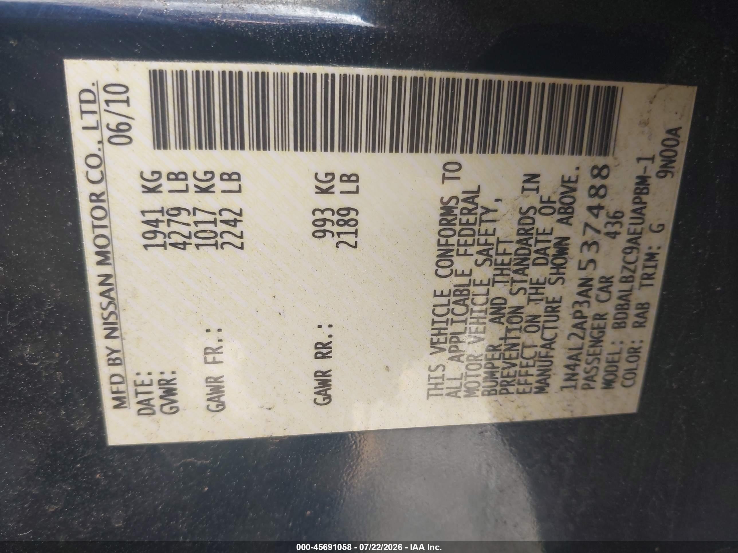 2010 Nissan Altima 2.5 S Blue vin: 1N4AL2AP3AN537488