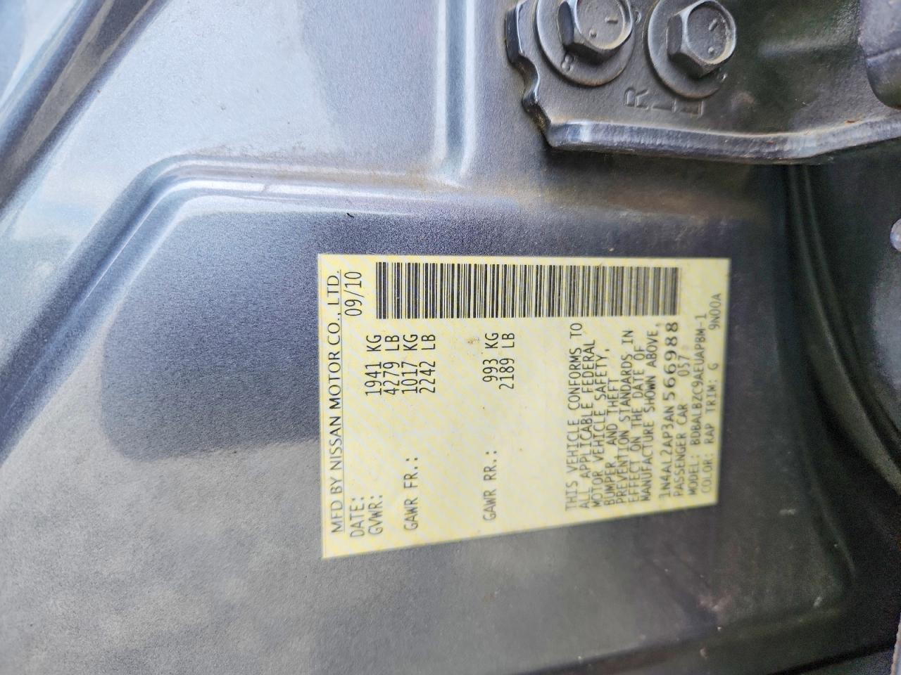 2010 Nissan Altima Sl Gray vin: 1N4AL2AP3AN566988