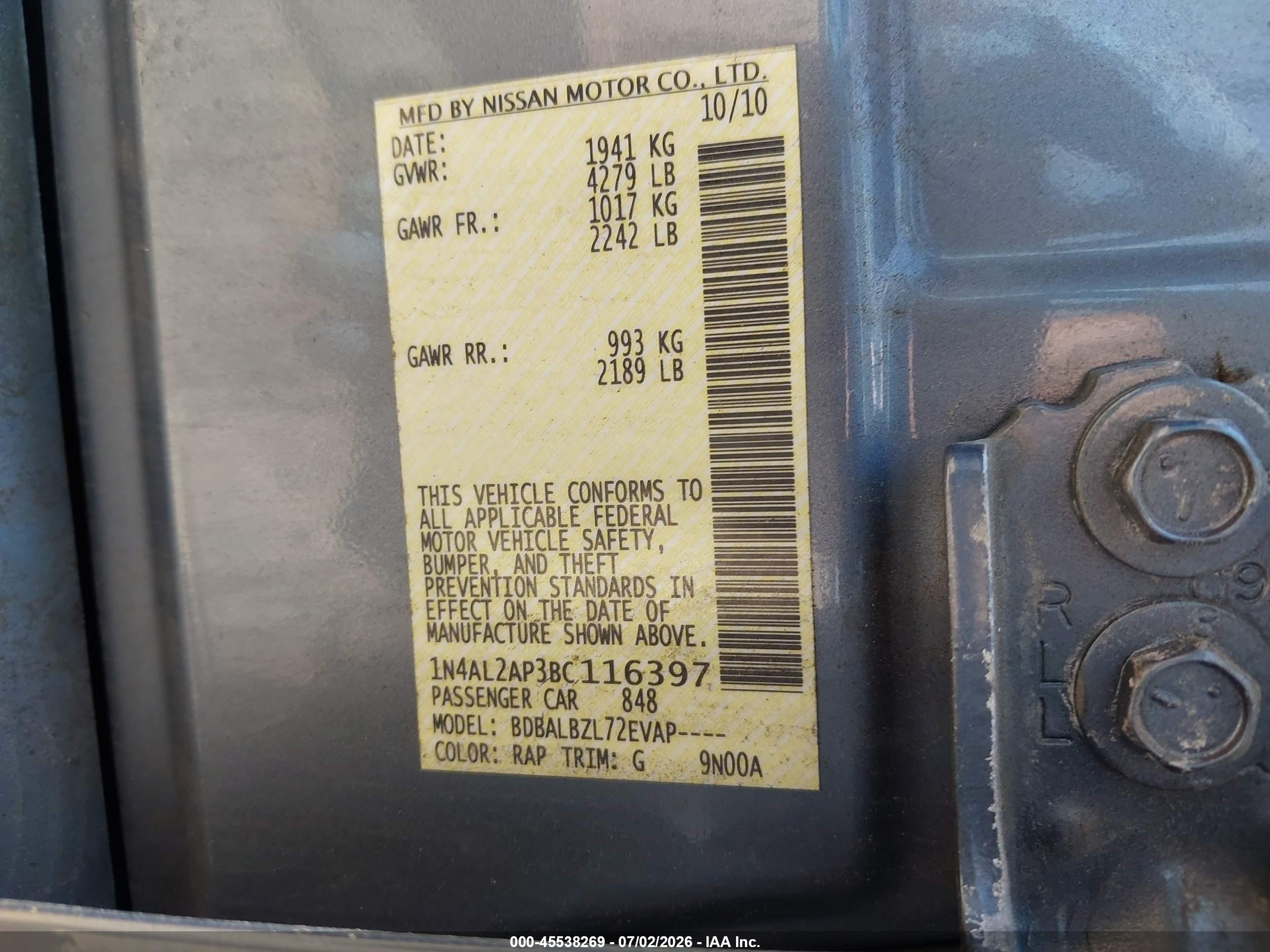 2011 Nissan Altima 2.5 S Light Blue vin: 1N4AL2AP3BC116397