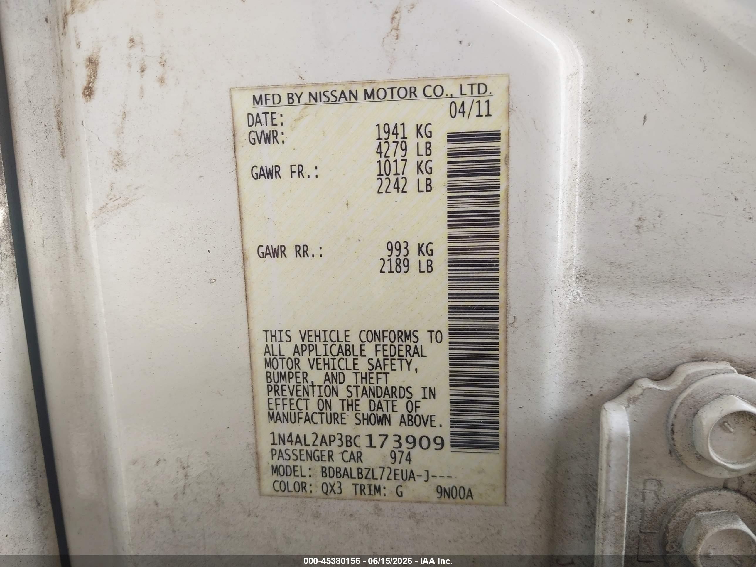 2011 Nissan Altima 2.5 S White vin: 1N4AL2AP3BC173909