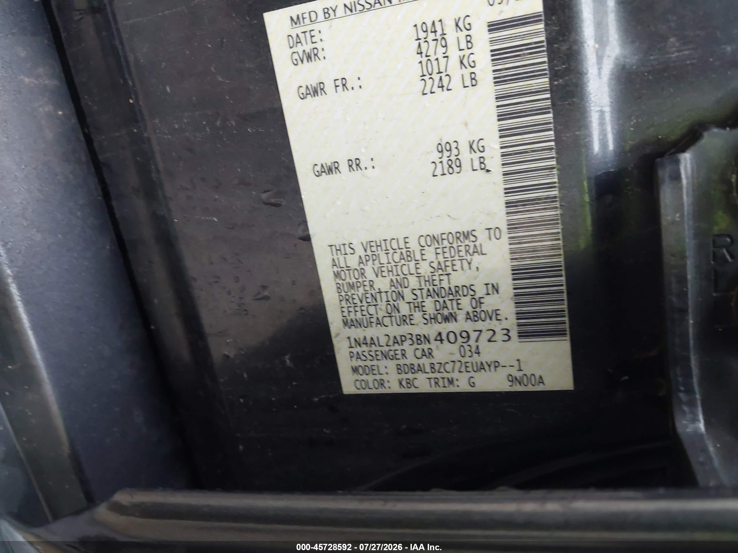 2011 Nissan Altima 2.5 S Gray vin: 1N4AL2AP3BN409723