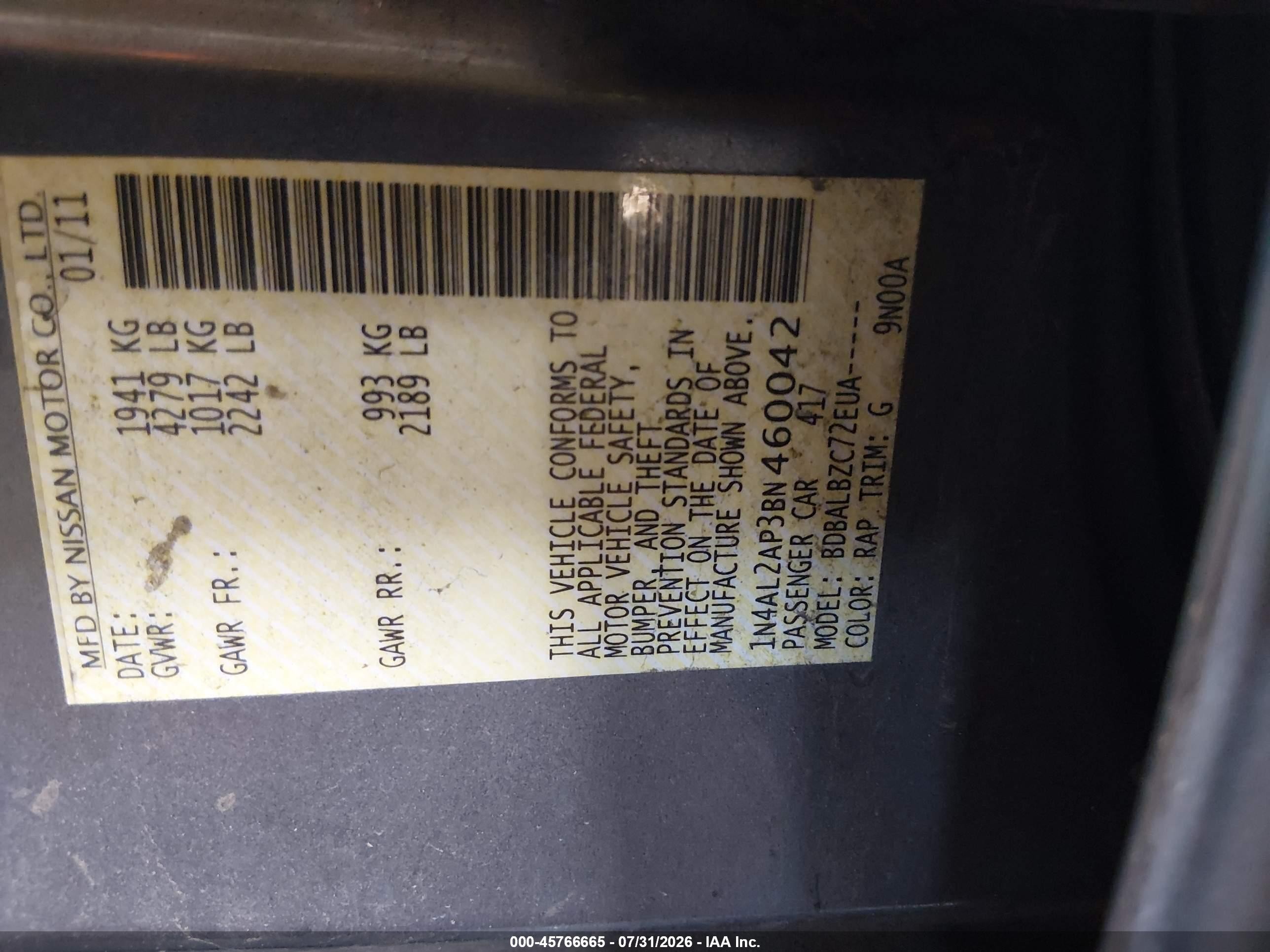 2011 Nissan Altima 2.5 S Blue vin: 1N4AL2AP3BN460042