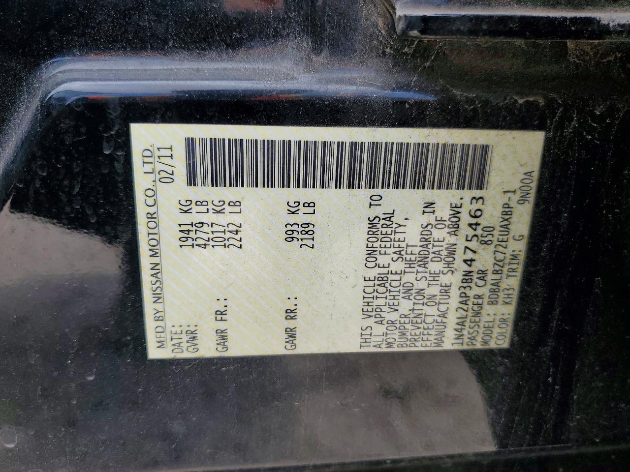 2011 Nissan Altima 2.5 Black vin: 1N4AL2AP3BN475463