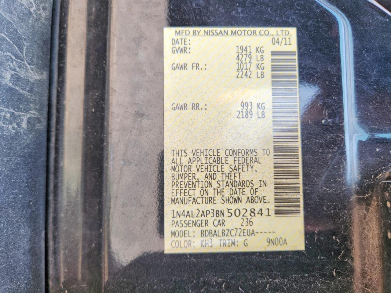 2011 Nissan Altima 2.5 Black vin: 1N4AL2AP3BN502841