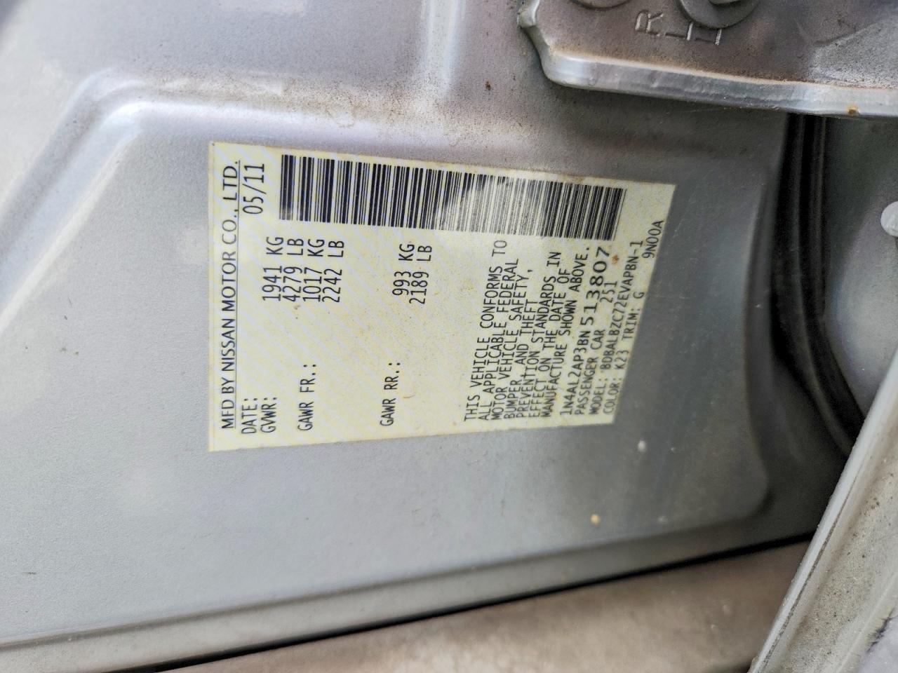 2011 Nissan Altima Silver vin: 1N4AL2AP3BN513807