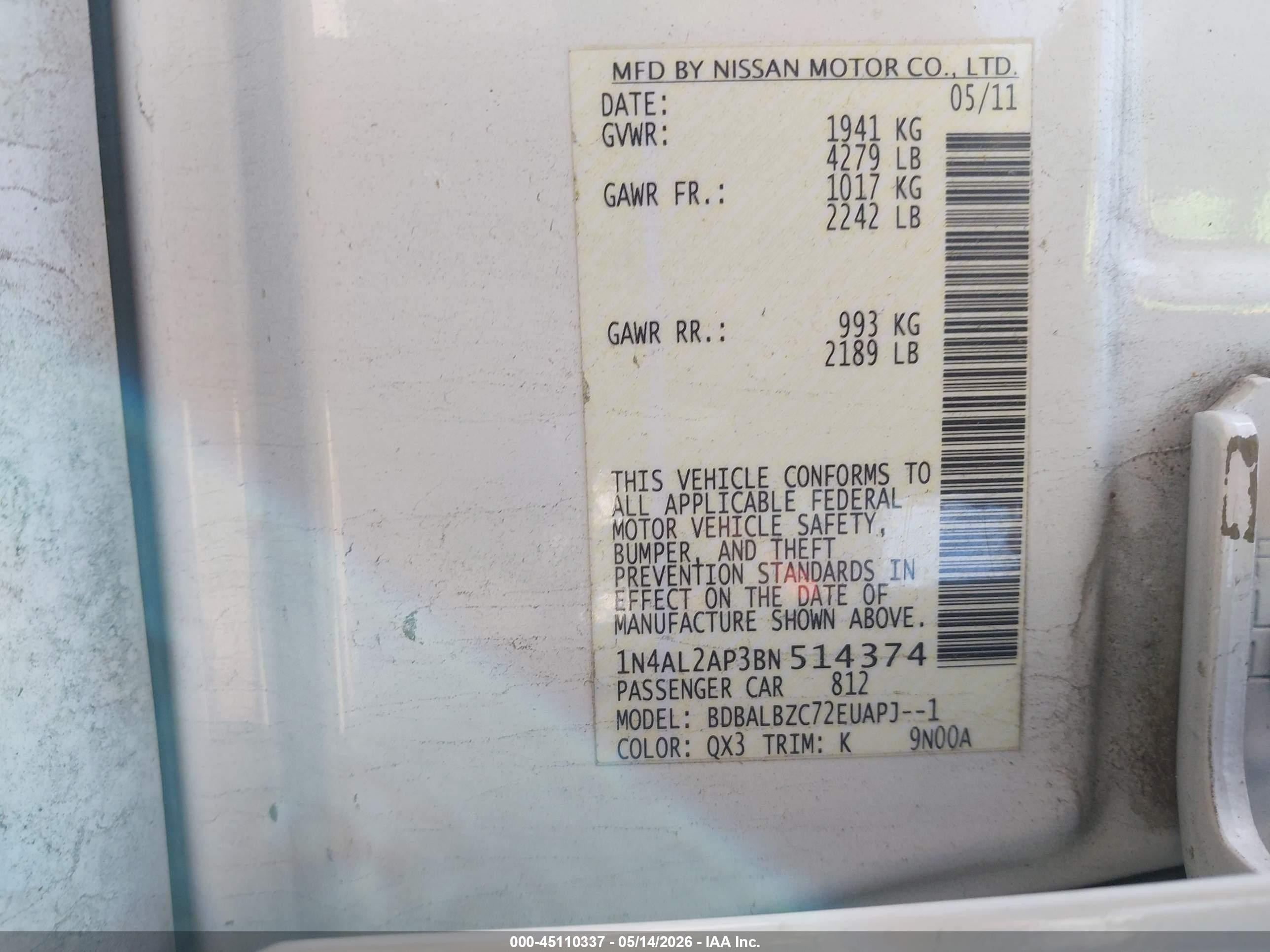 2011 Nissan Altima 2.5 S White vin: 1N4AL2AP3BN514374