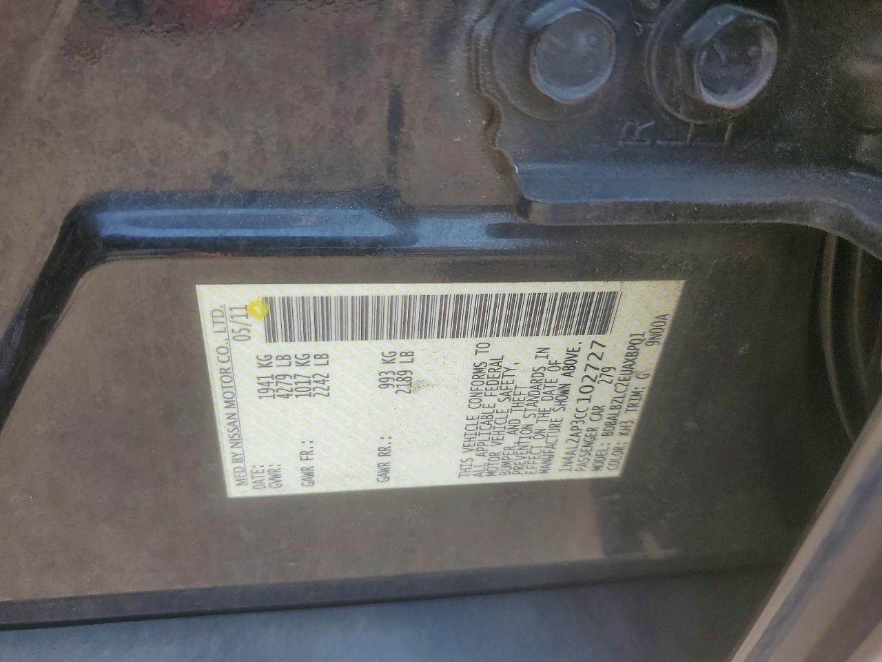2012 Nissan Altima 2.5 Black vin: 1N4AL2AP3CC102727