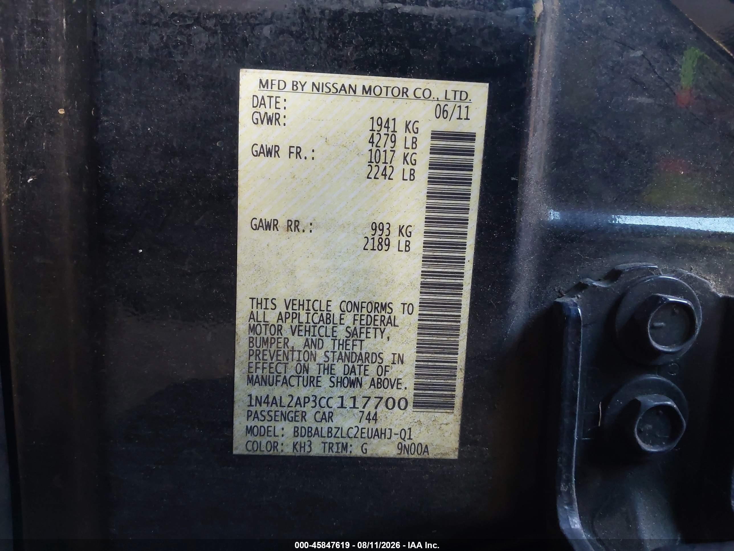 2012 Nissan Altima 2.5 S Black vin: 1N4AL2AP3CC117700