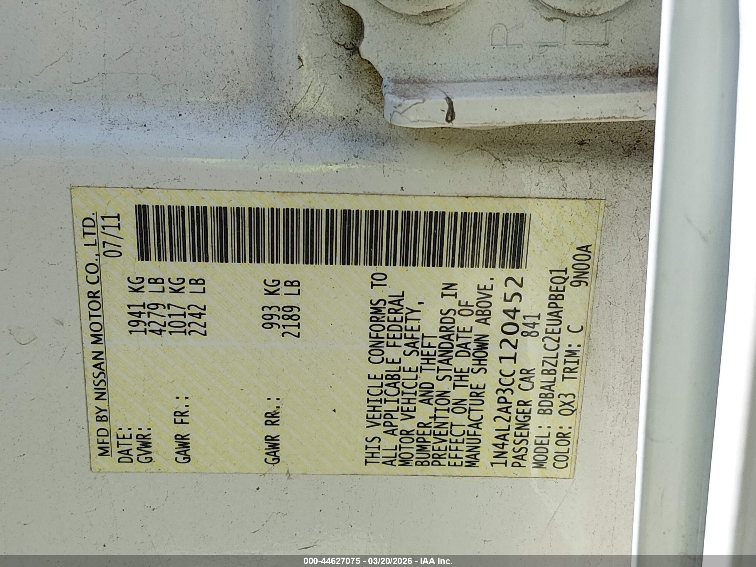2012 Nissan Altima 2.5 S Белый vin: 1N4AL2AP3CC120452