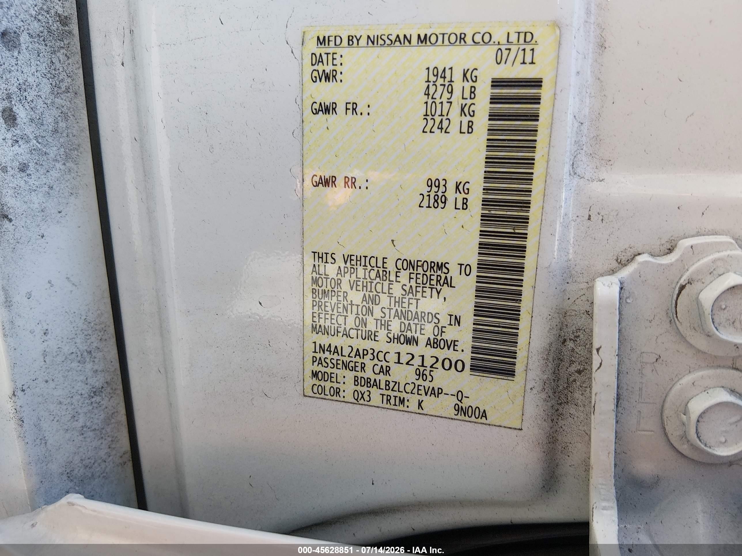 2012 Nissan Altima 2.5 S White vin: 1N4AL2AP3CC121200
