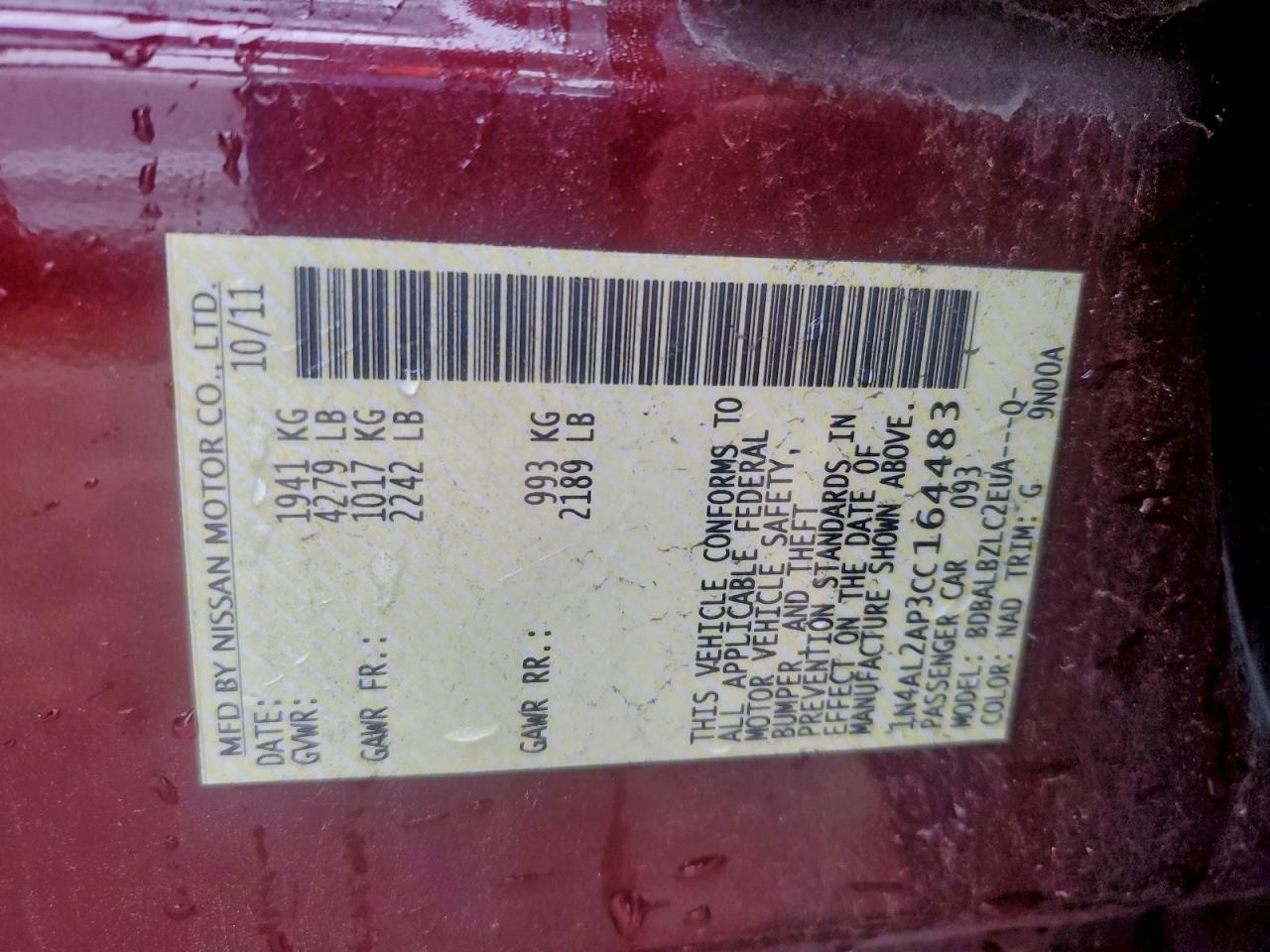 2012 Nissan Altima Base Maroon vin: 1N4AL2AP3CC164483