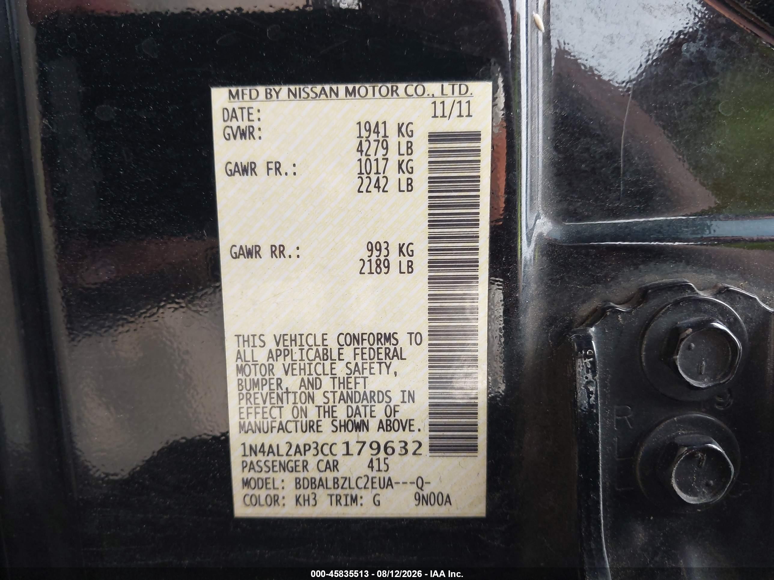 2012 Nissan Altima 2.5 S Black vin: 1N4AL2AP3CC179632